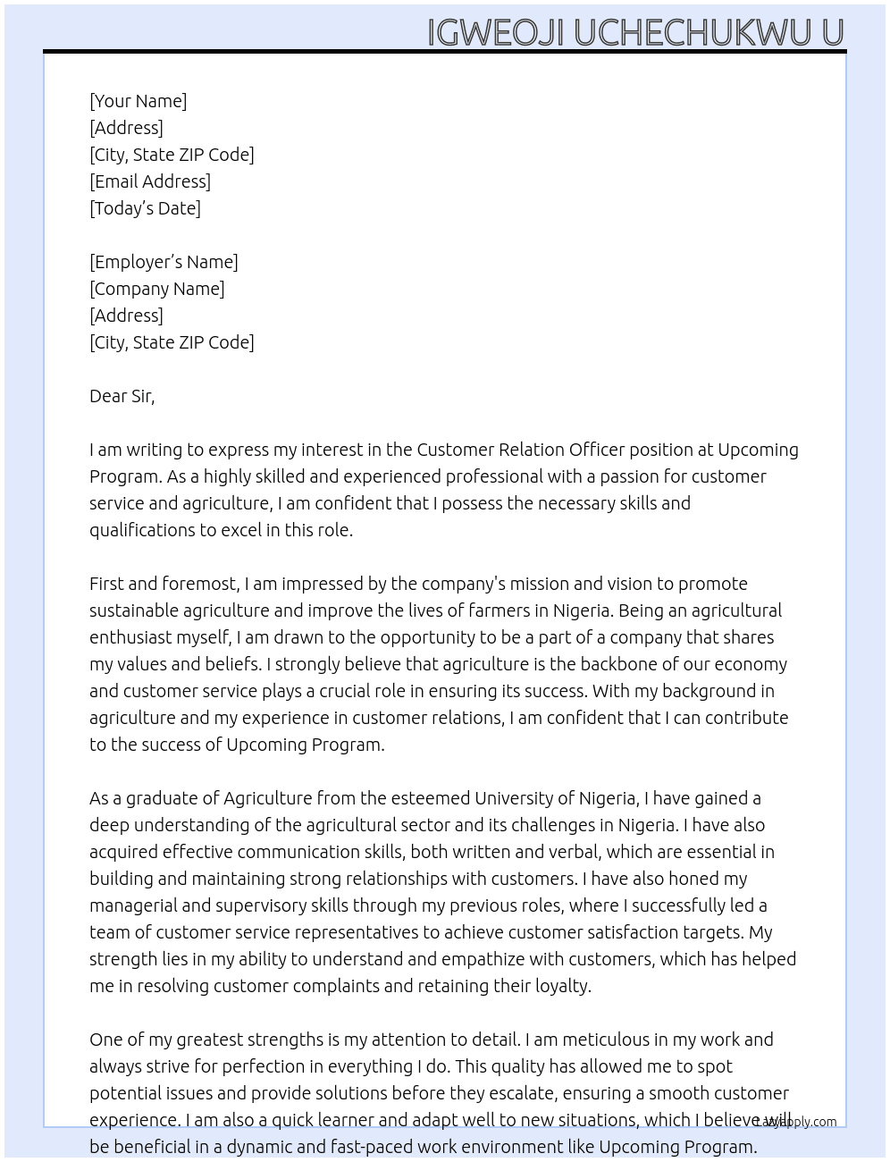 Customer relation officer At Upcoming program  Cover Letter