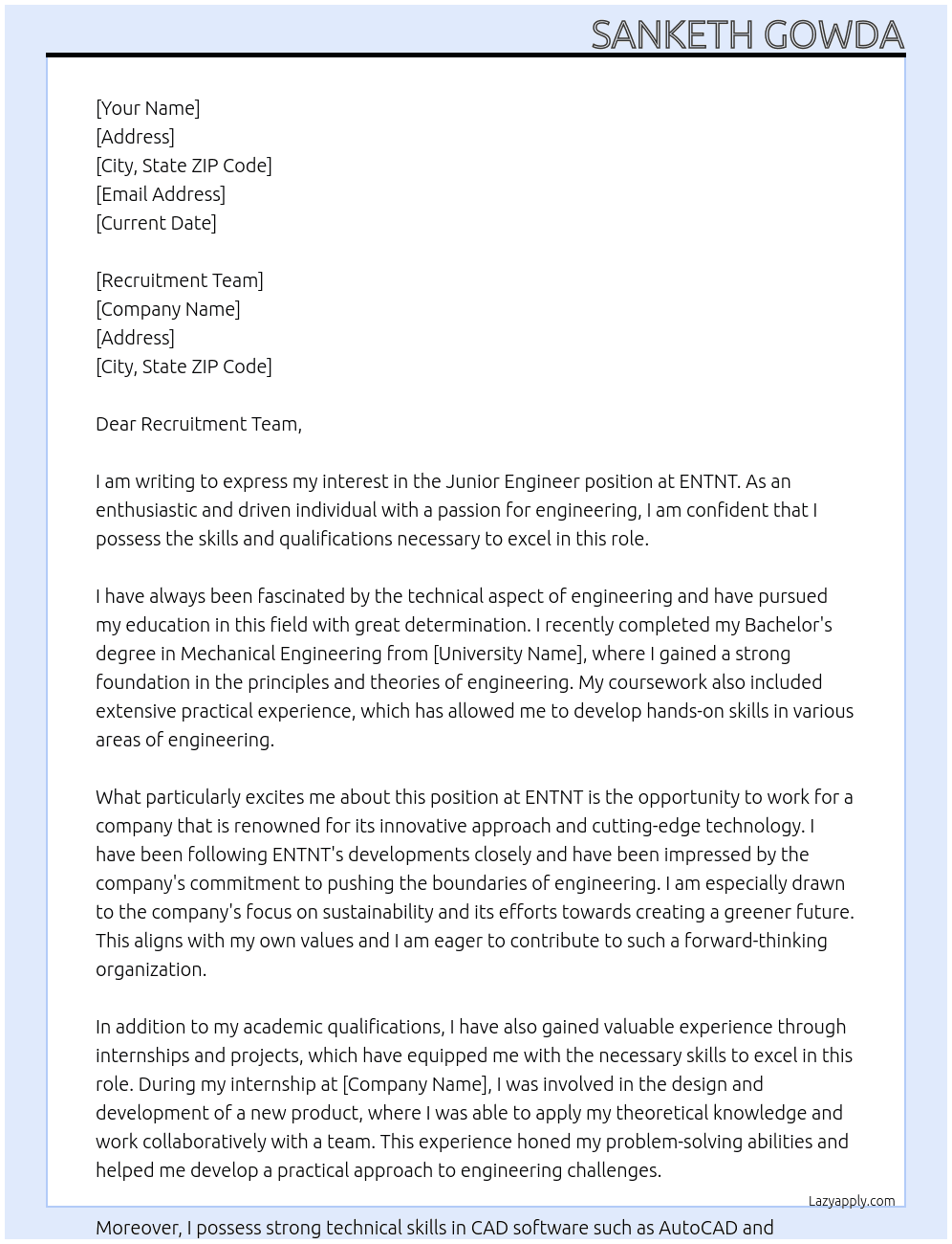 Junior engineer  At ENTNT Cover Letter