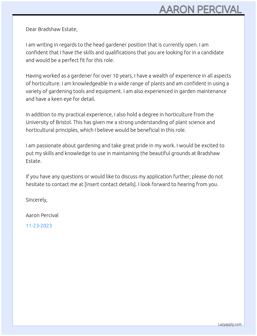Head Gardener  At Private home in the new forest Cover Letter