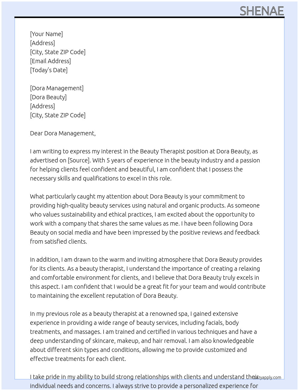 Beauty therapist At Dora beauty Cover Letter