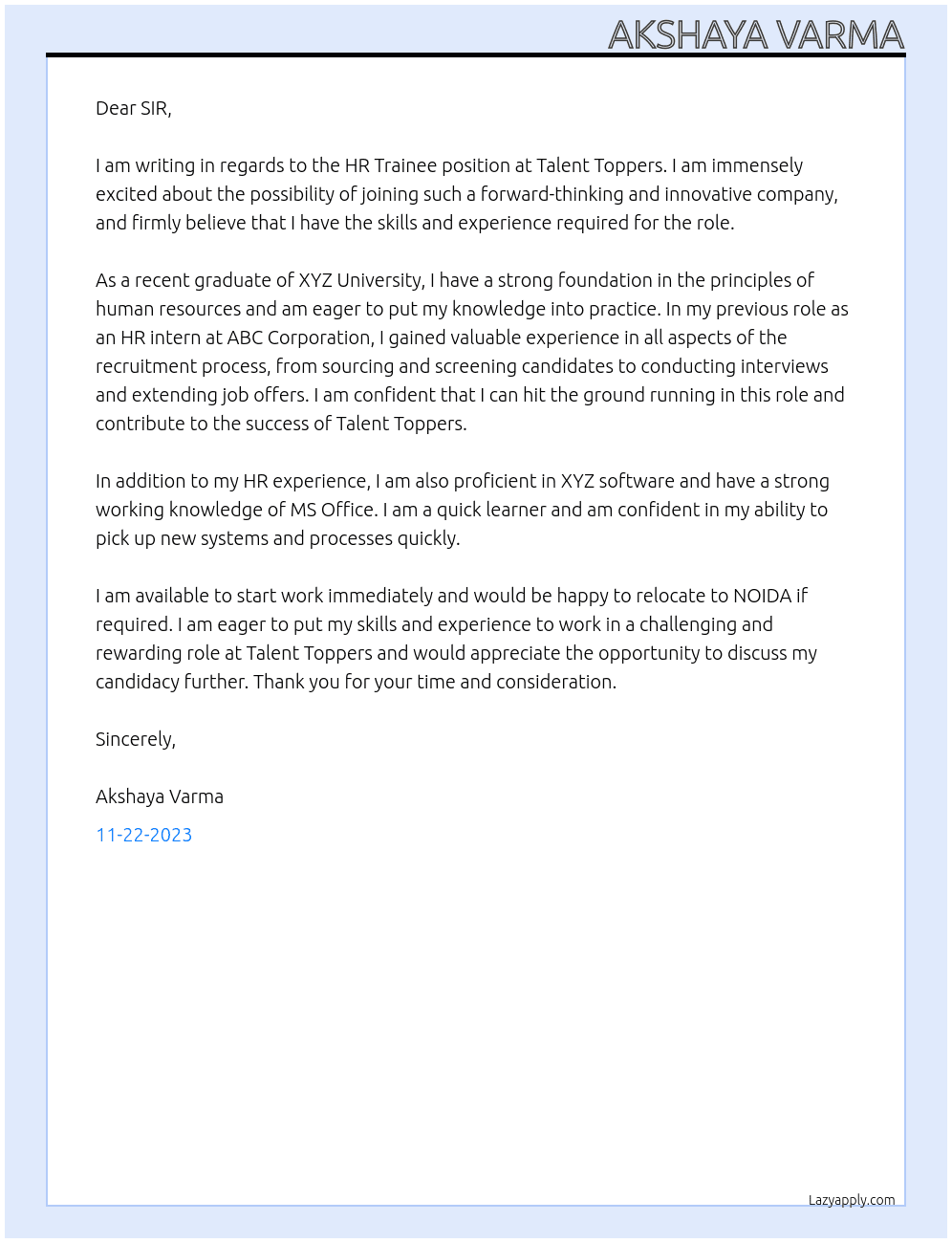 HR Trainee At Talent Toppers Cover Letter
