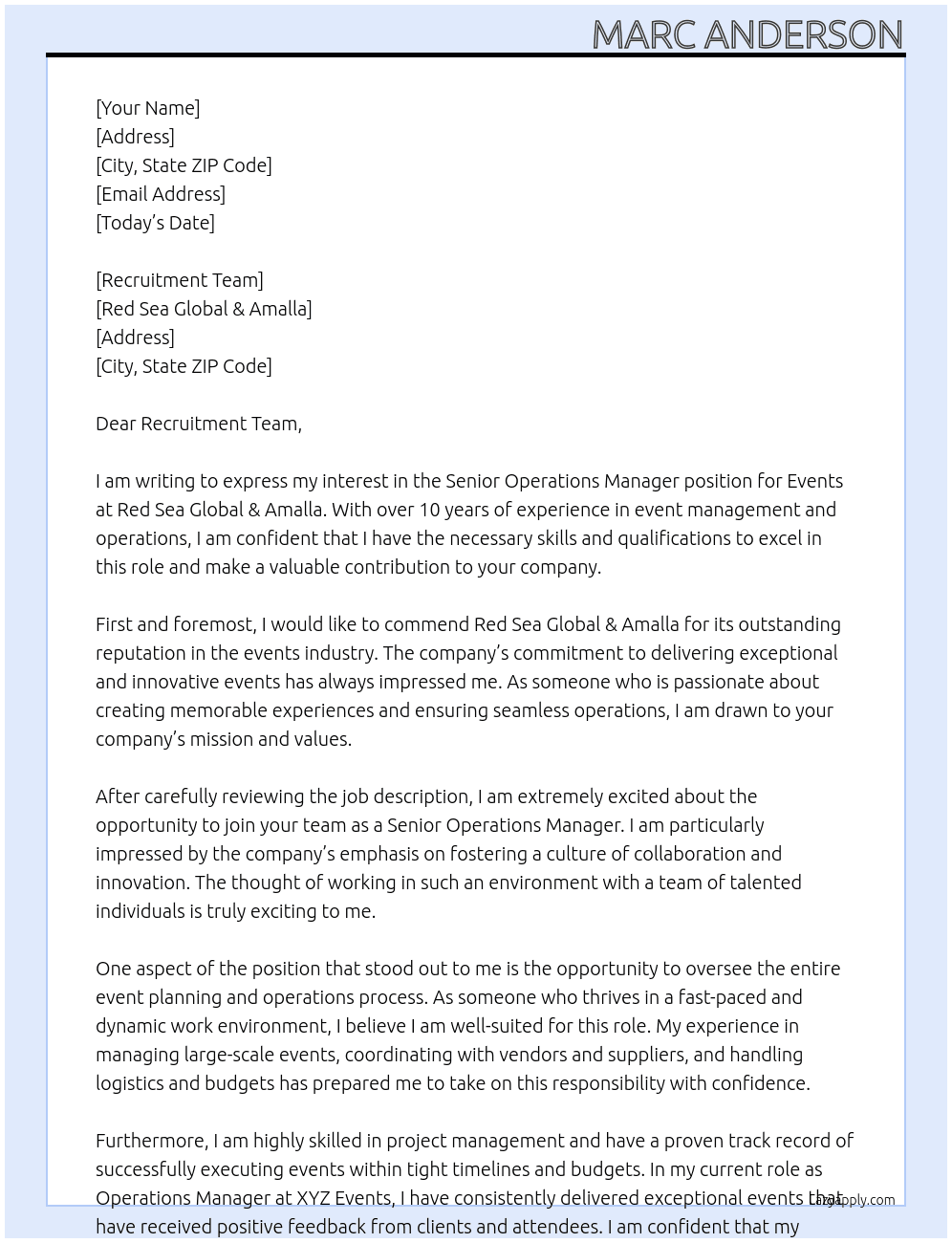 SENIOR OPERATIONS MANAGER - EVENTS At RED SEA GLOBAL & AMALLA Cover Letter