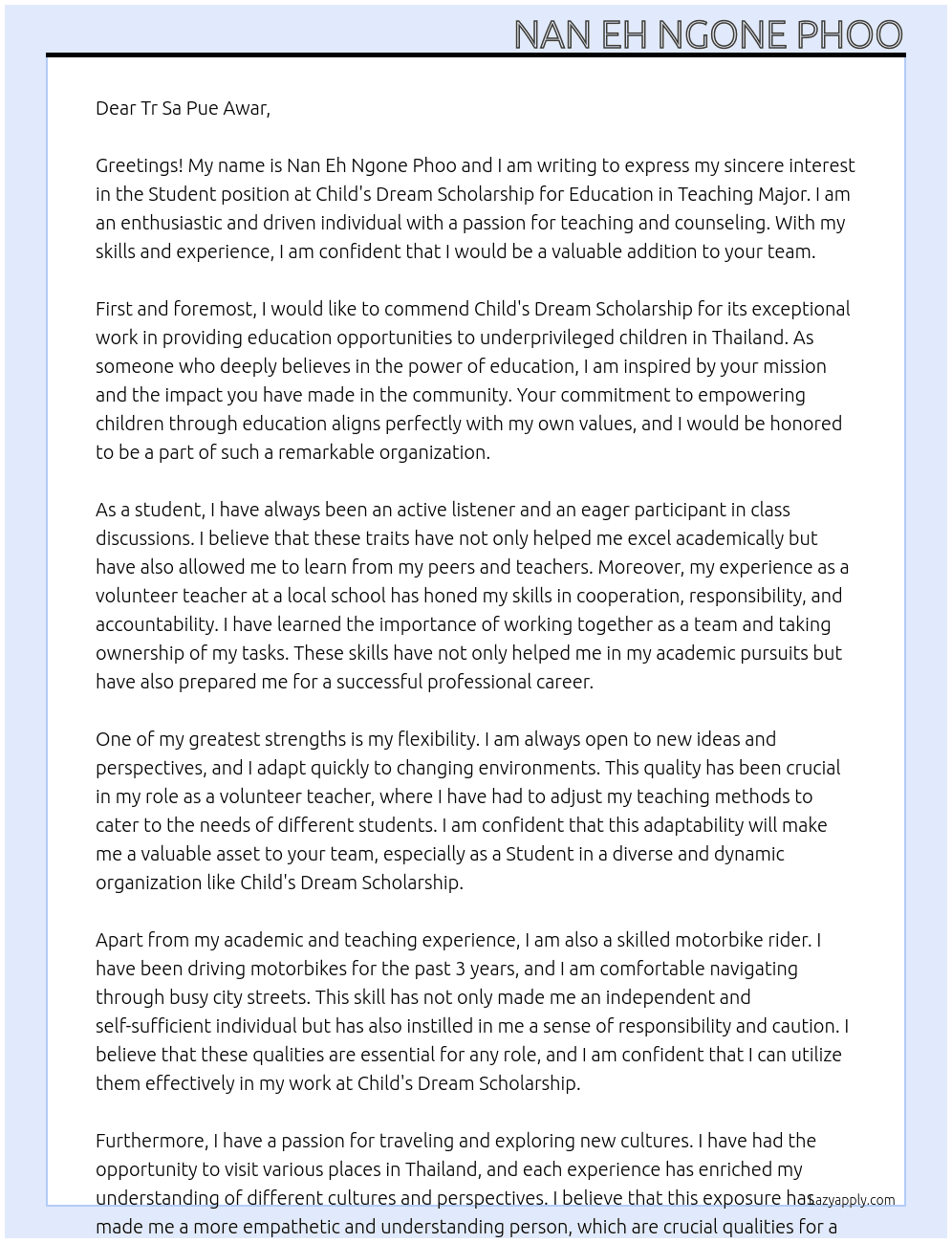 Student At Child's Dream Scholarship for Education in Teaching Major Cover Letter