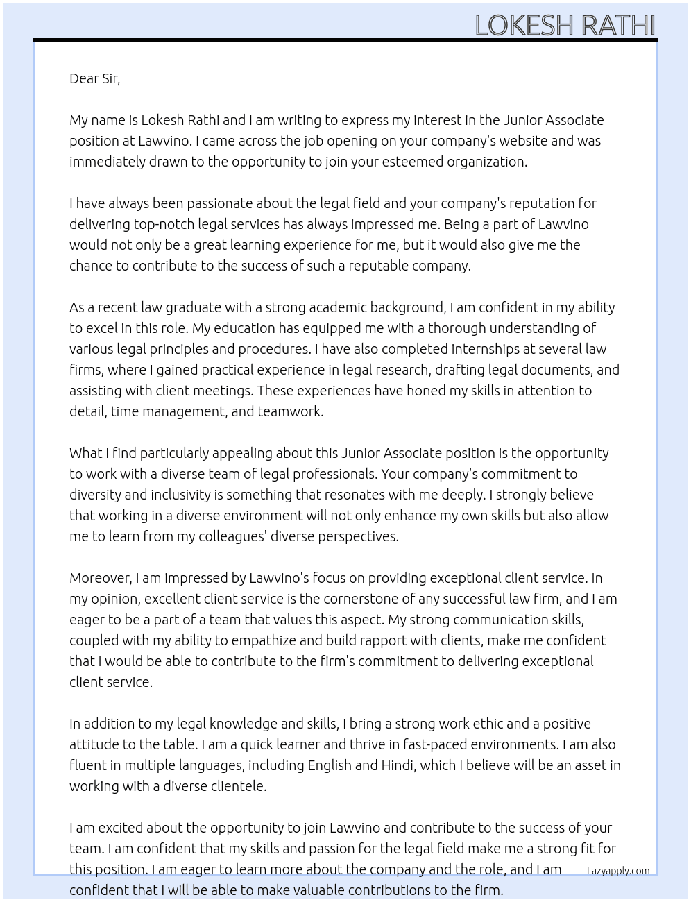 Junior Associate  At lawvino Cover Letter