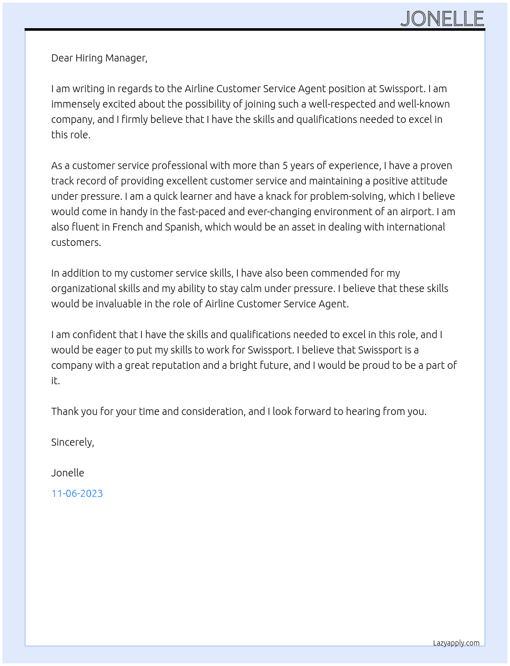Airline Customer Service Agent At Swissport Cover Letter