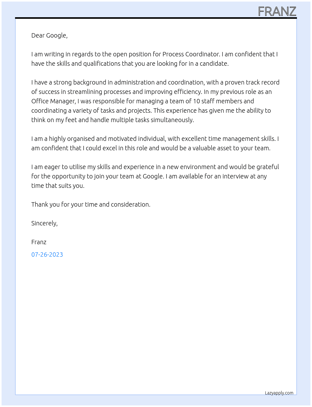 Process Coordinator At Google Cover Letter