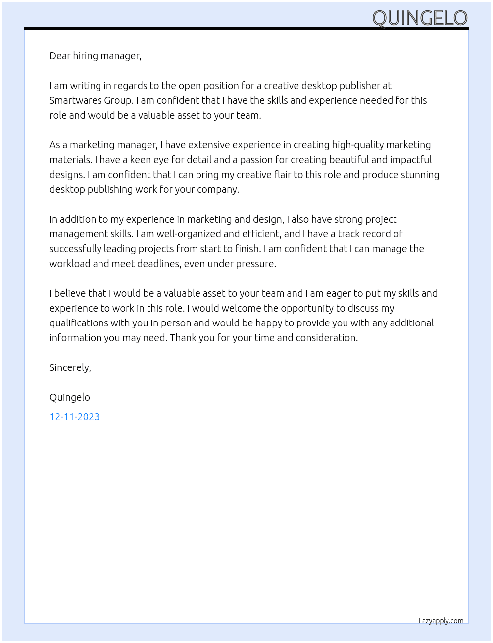 Creative desktop publisher At Smartwares Group Cover Letter