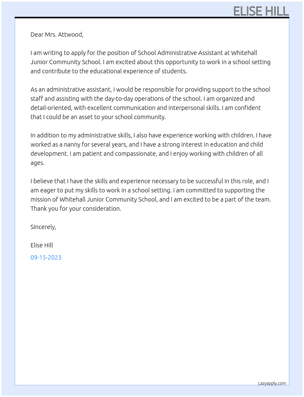 School Administrative Assistant At Whitehall Junior Community School Cover Letter