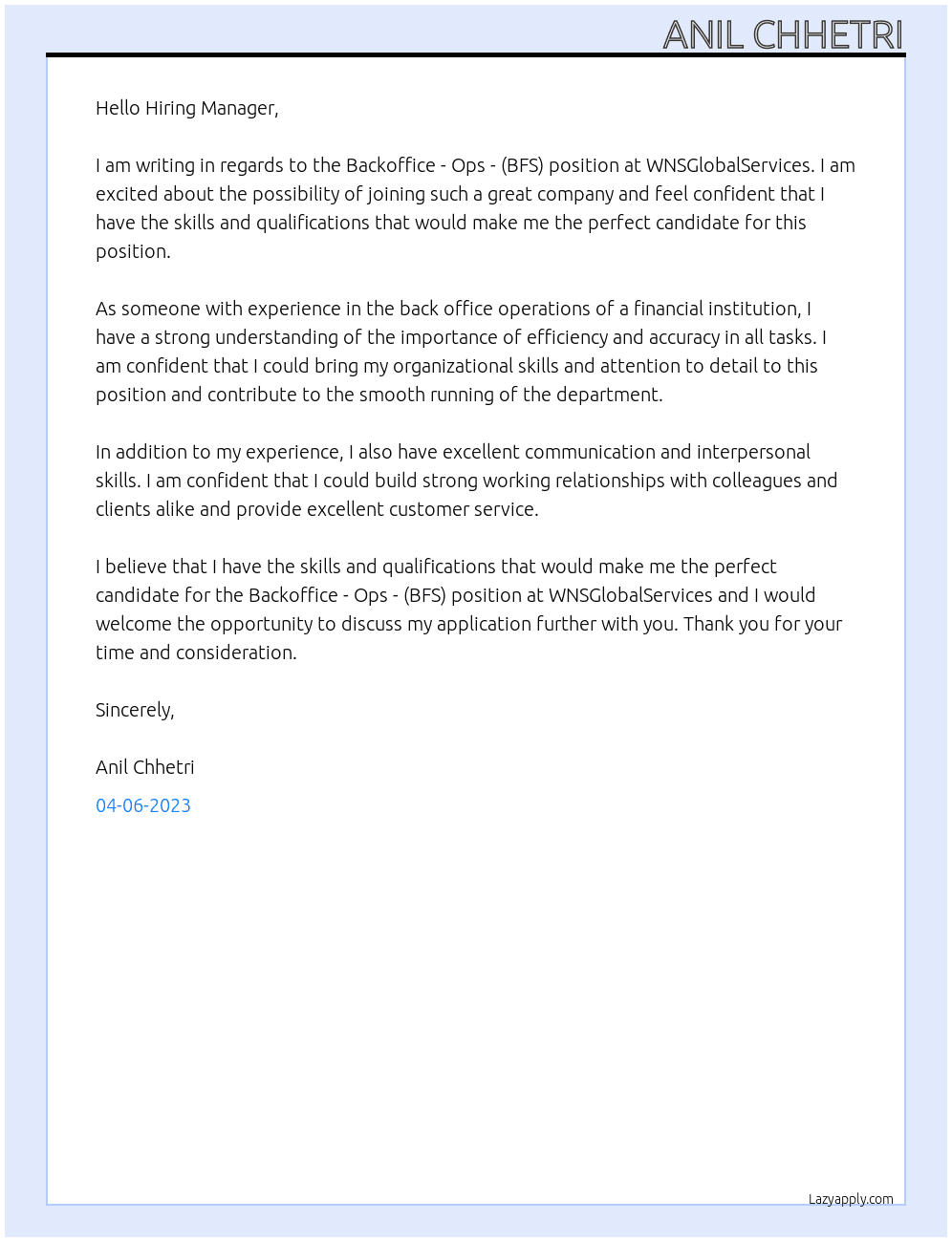 Backoffice - Ops - (BFS) At WNSGlobalServices Cover Letter