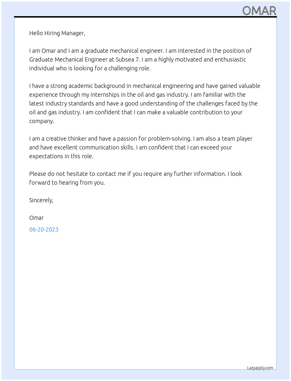 Graduate Mechanical Engineer At  Subsea 7 Cover Letter