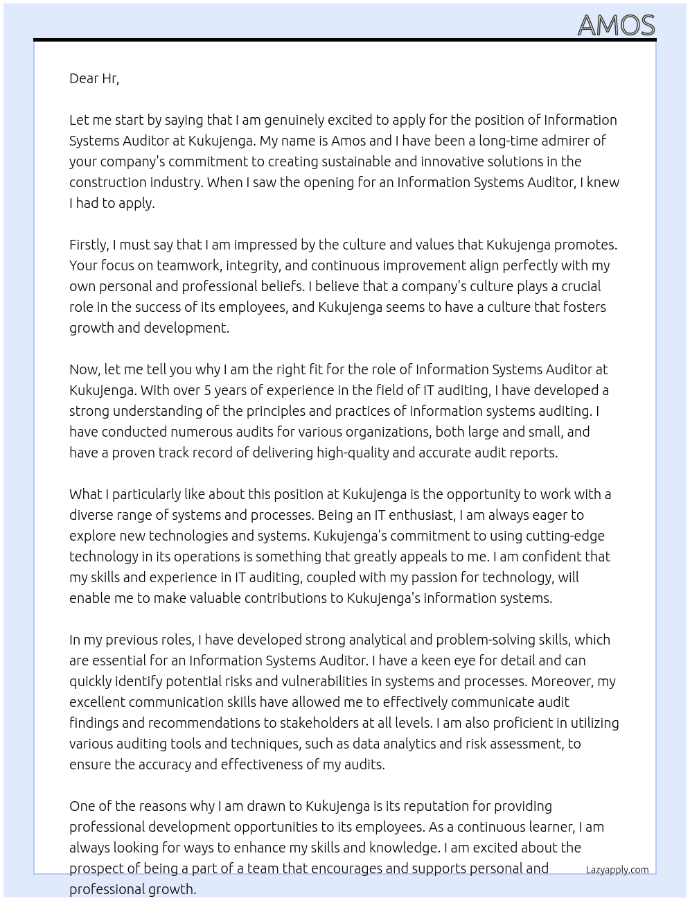 INFORMATION SYSTEMS AUDITOR At kukujenga  Cover Letter