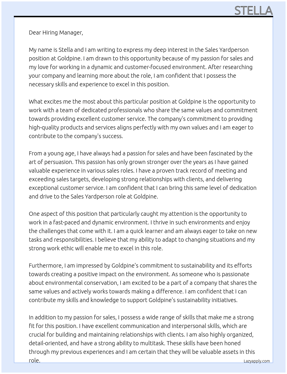 sales yardperson At goldpine Cover Letter