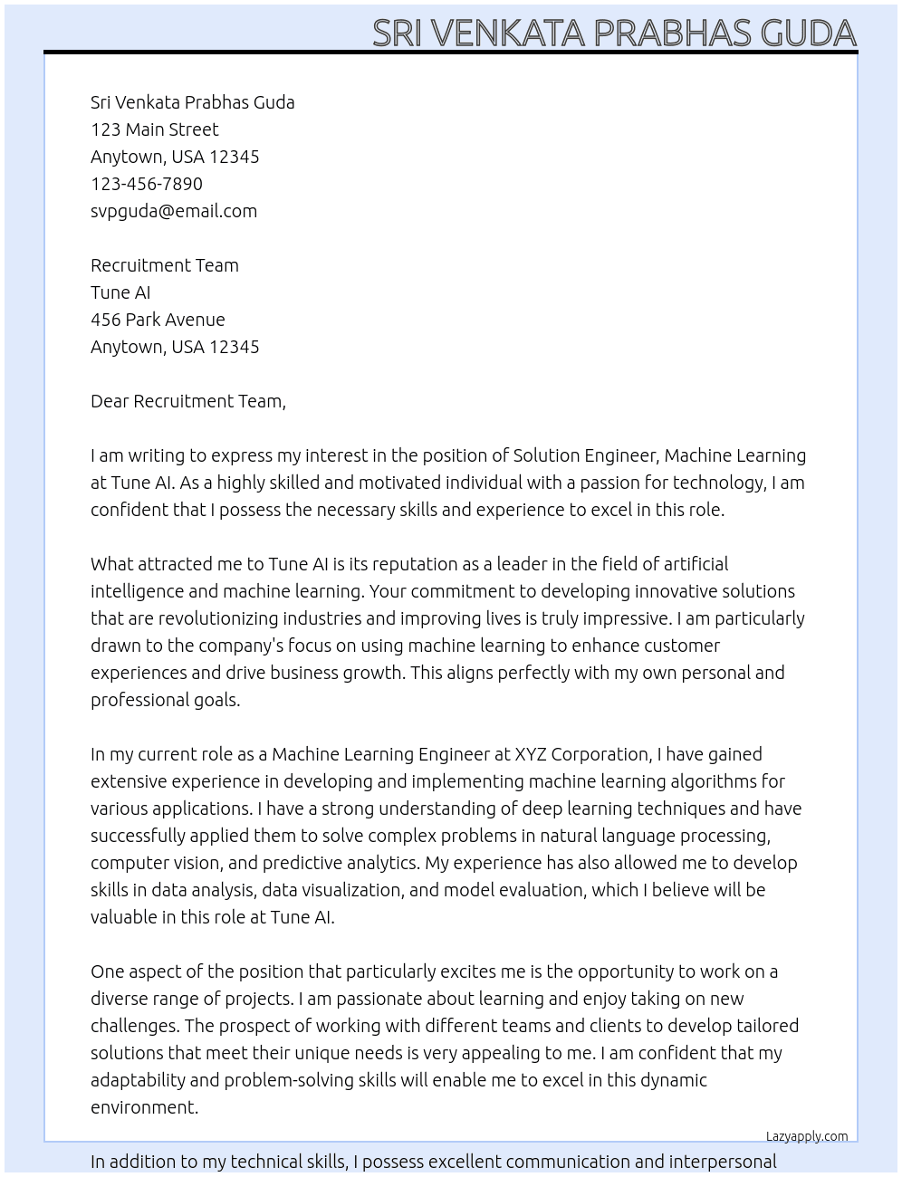 Solution Engineer,Machine Learning At Tune AI Cover Letter