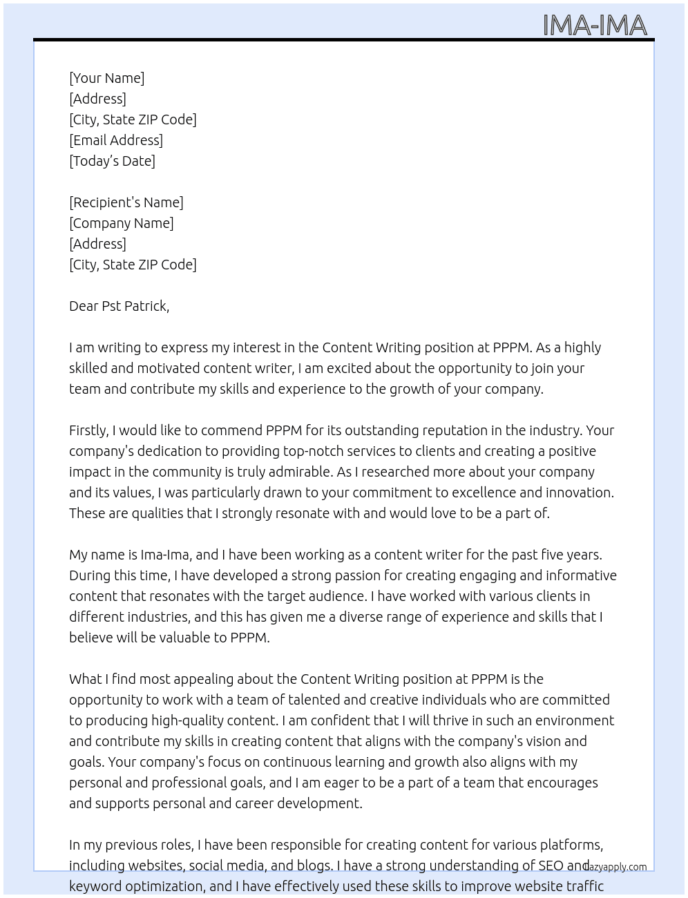 Content Writing At PPPM  Cover Letter