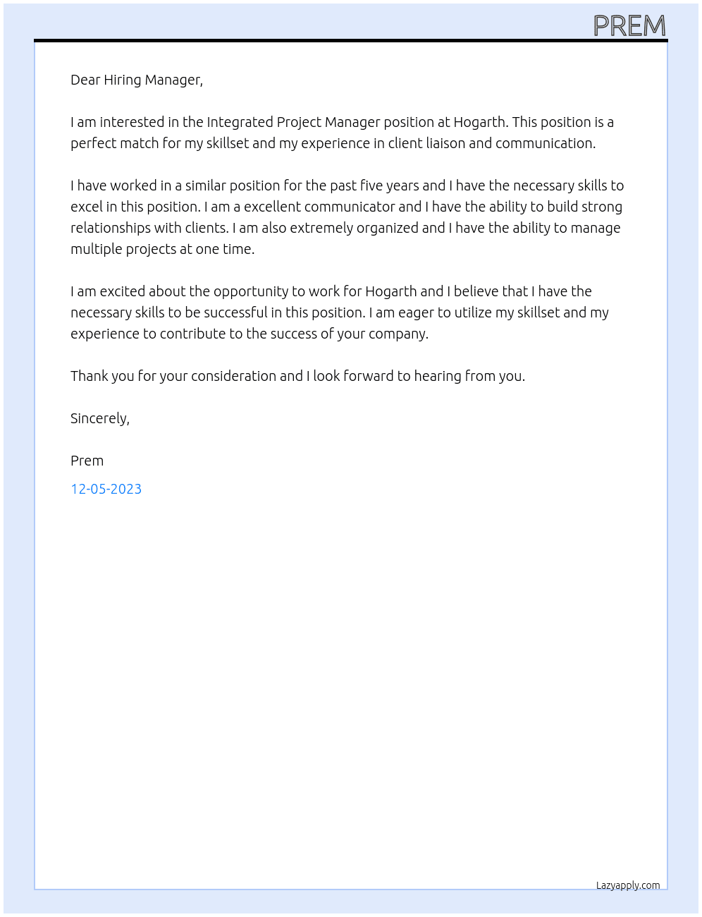 Integrated Project Manager At Hogarth Cover Letter