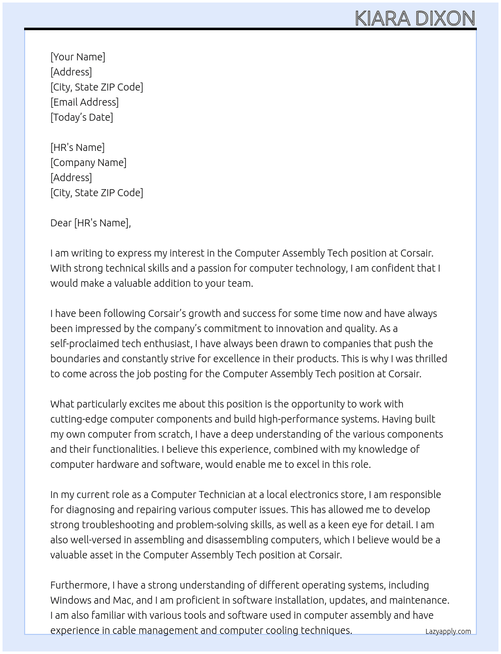 Computer assembly tech At Corsair Cover Letter
