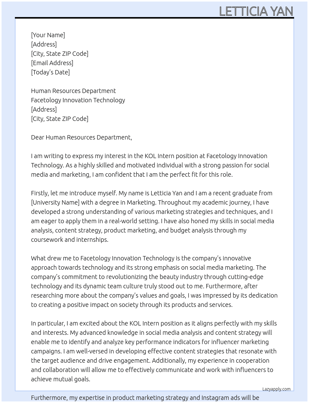 KOL Intern At Facetology Innovation Technology Cover Letter