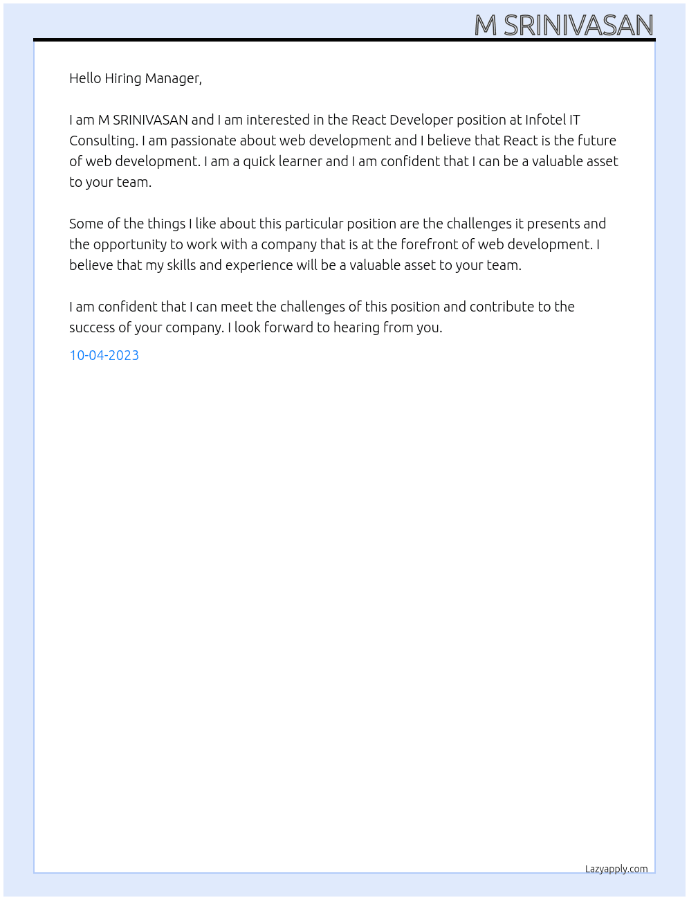 React Devolper At Infotel IT Consulting Cover Letter