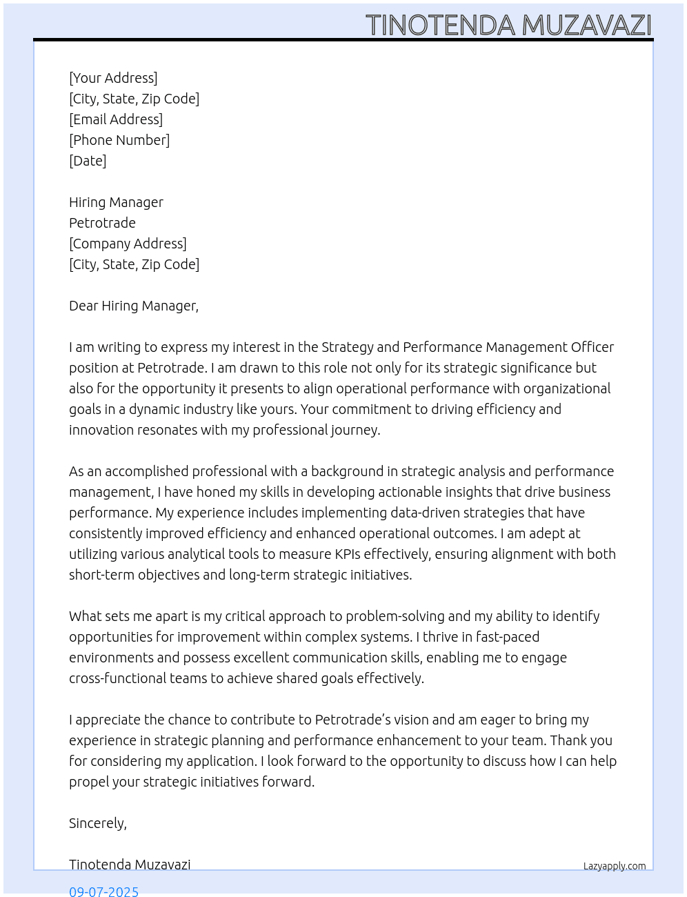 Strategy and Performance Management Officer At Petrotrade Cover Letter