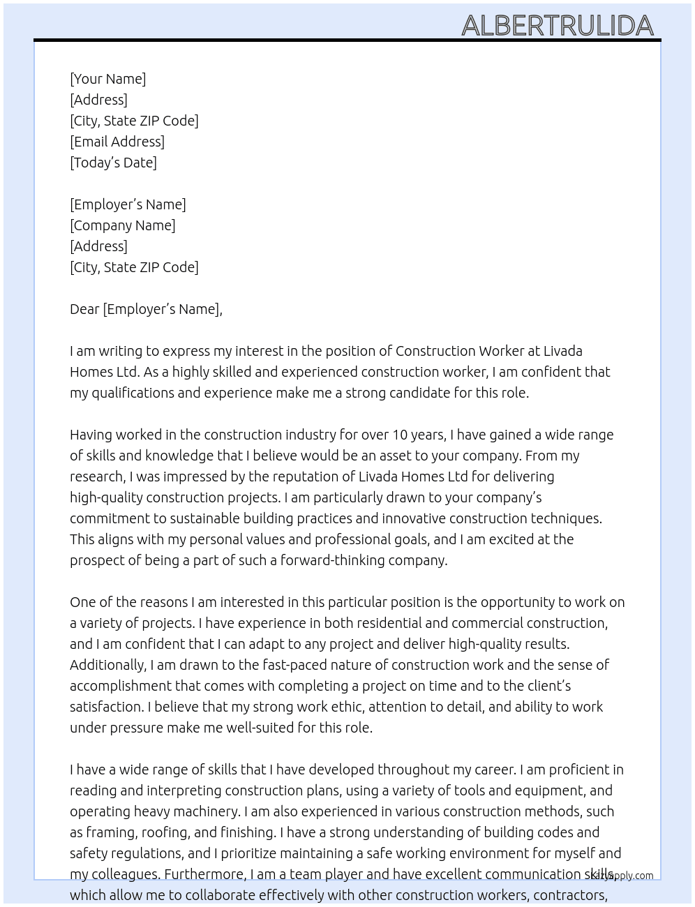 construction At construction worker Cover Letter
