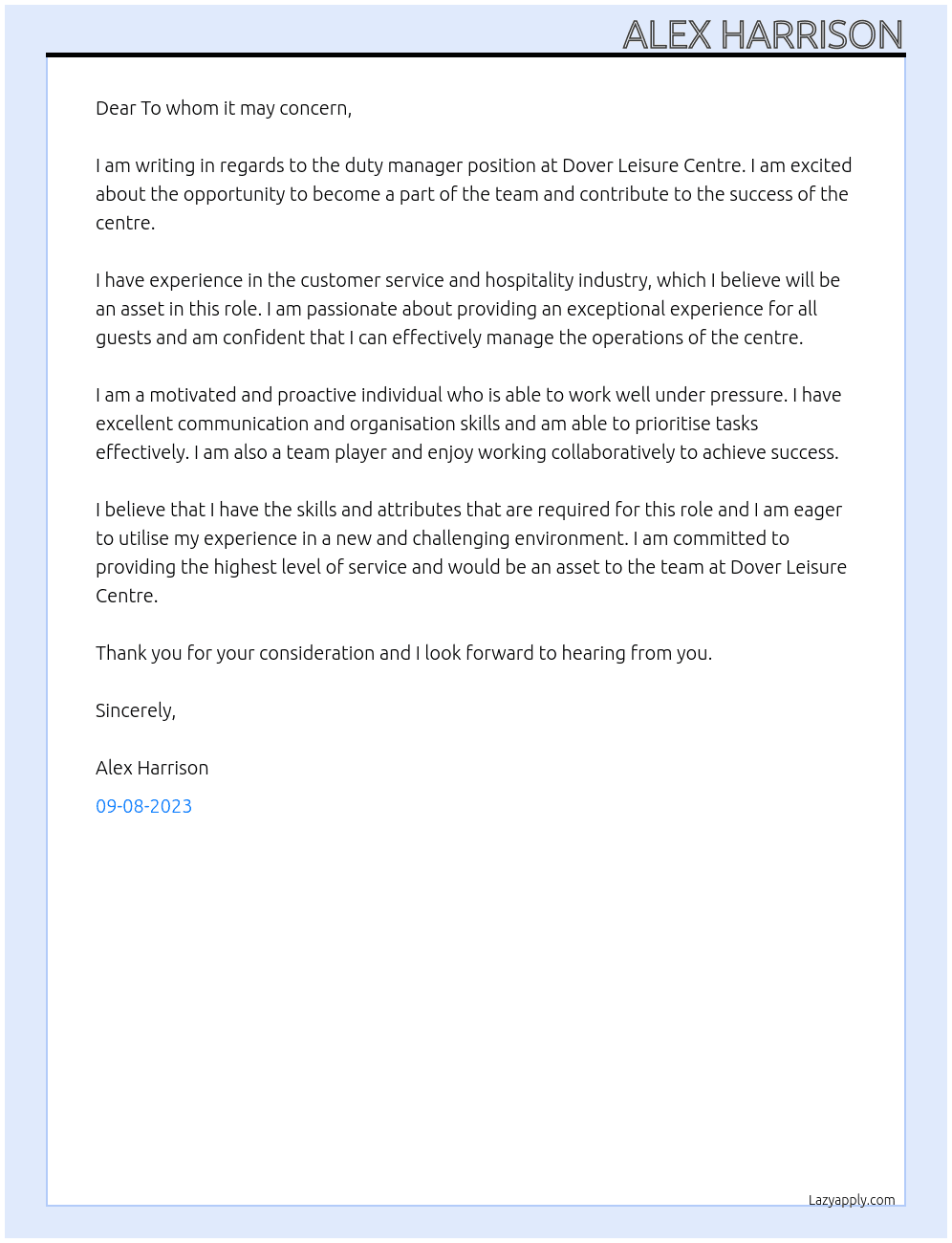 Duty Manager At Dover Leisure Centre Cover Letter