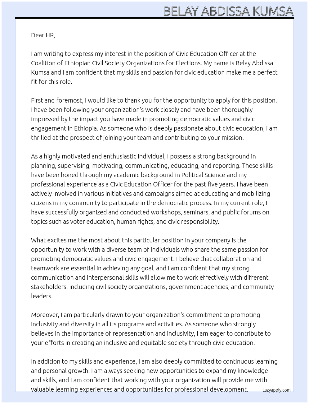 Civic Education Officer At  Coalition of Ethiopian Civil Society Organizations for Elections Cover Letter