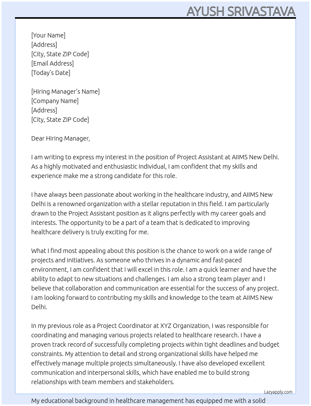 Project Assistant At AIIMS New Delhi Cover Letter