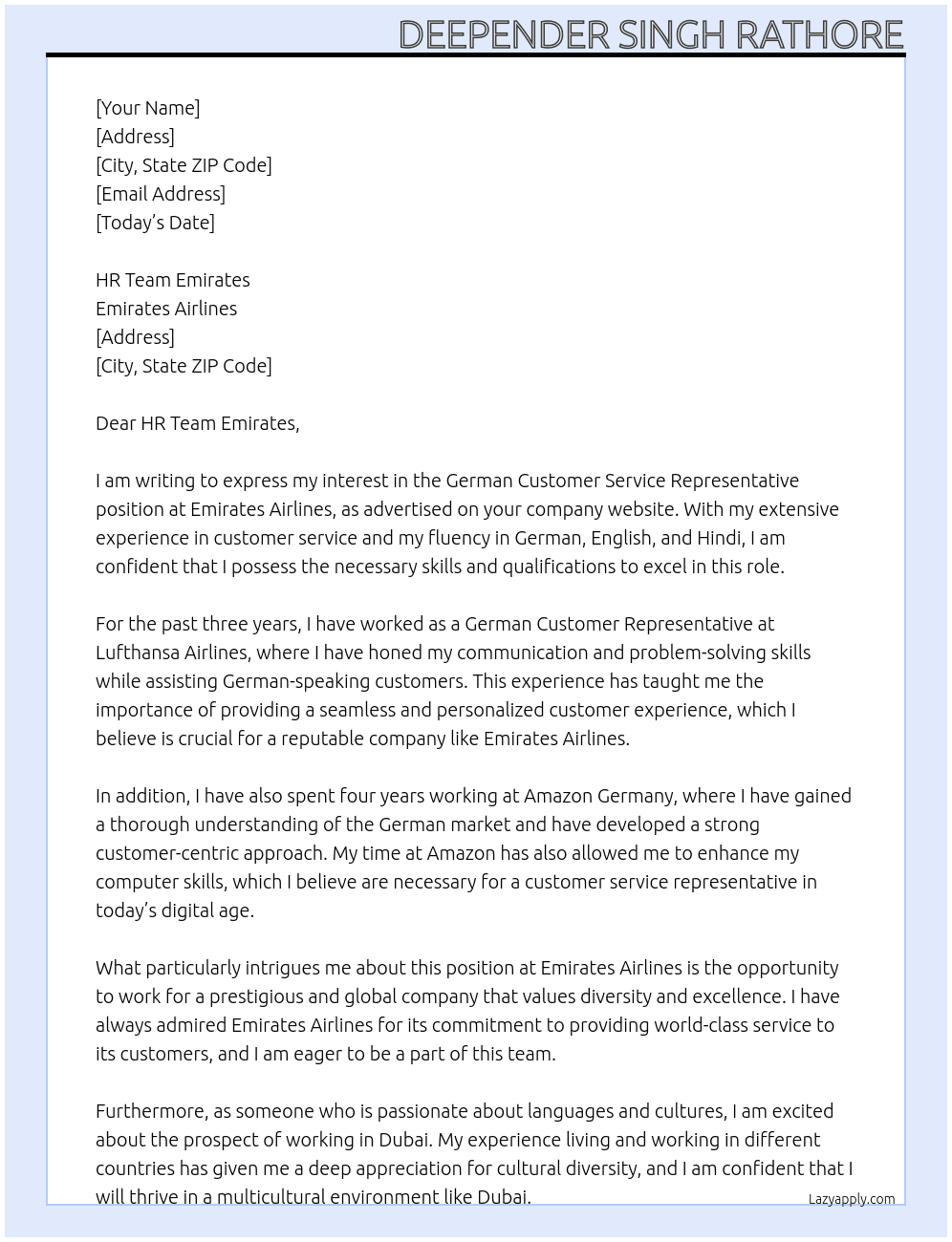 Cover letter for german customer service representative - LazyApply