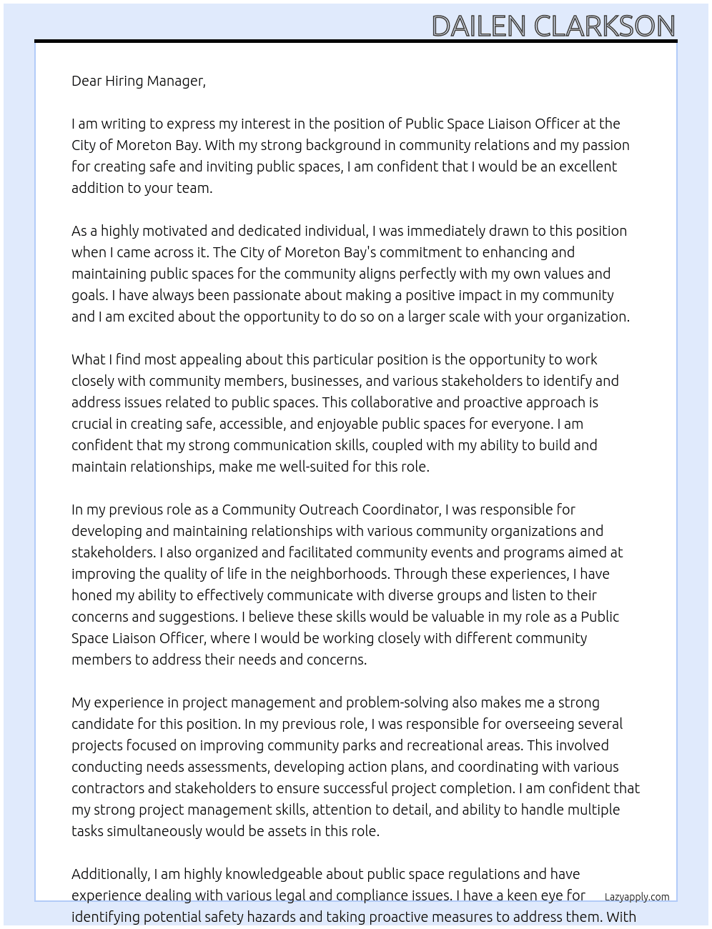 Public Space Liaison Officer At City of Moreton Bay Cover Letter