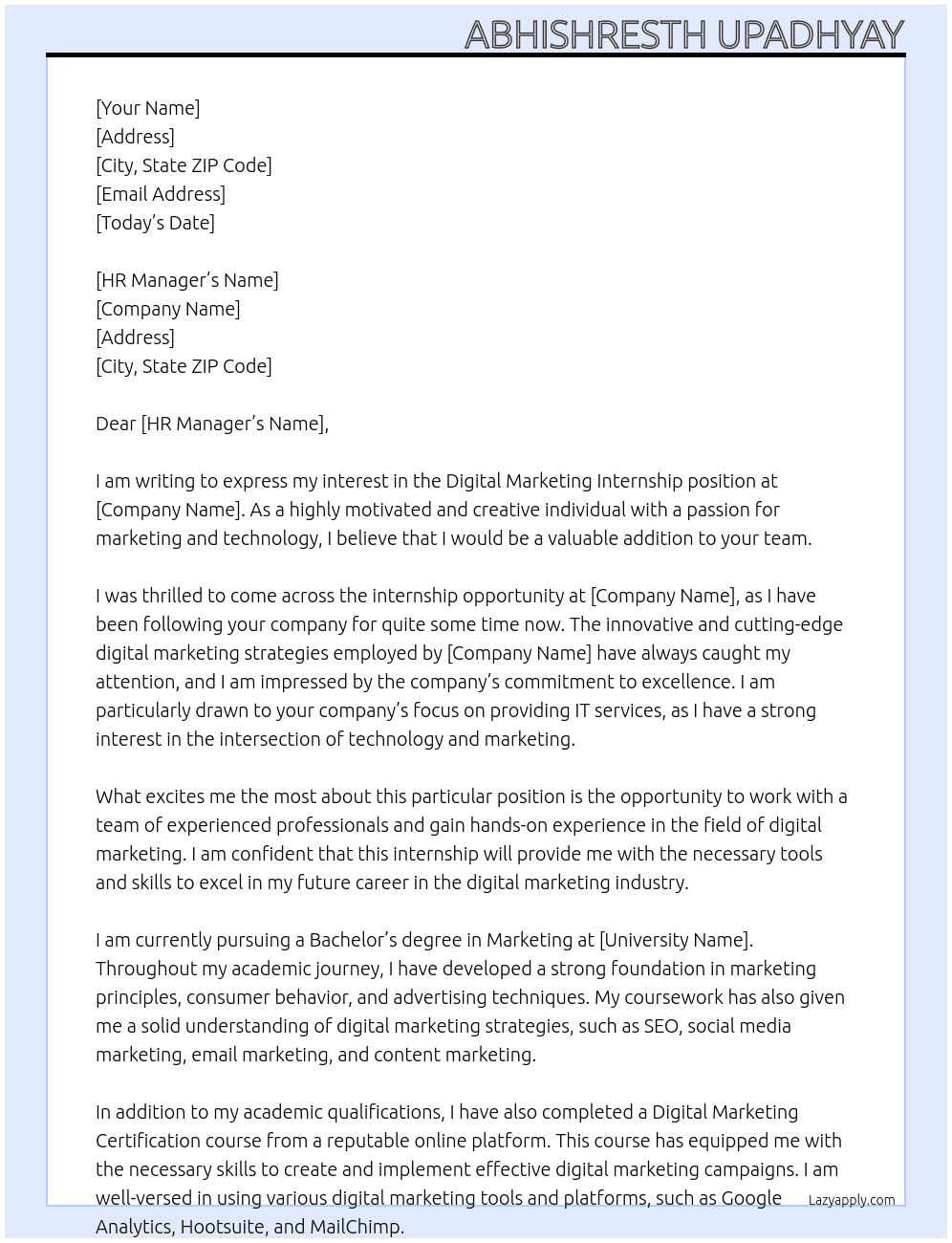 Digital marketing internship At IT service company Cover Letter