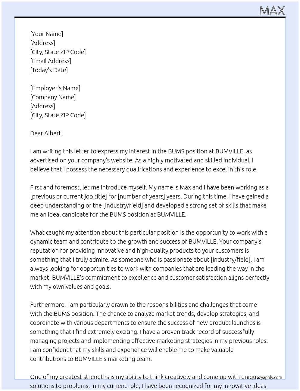 BUMS At BUMVILLE Cover Letter