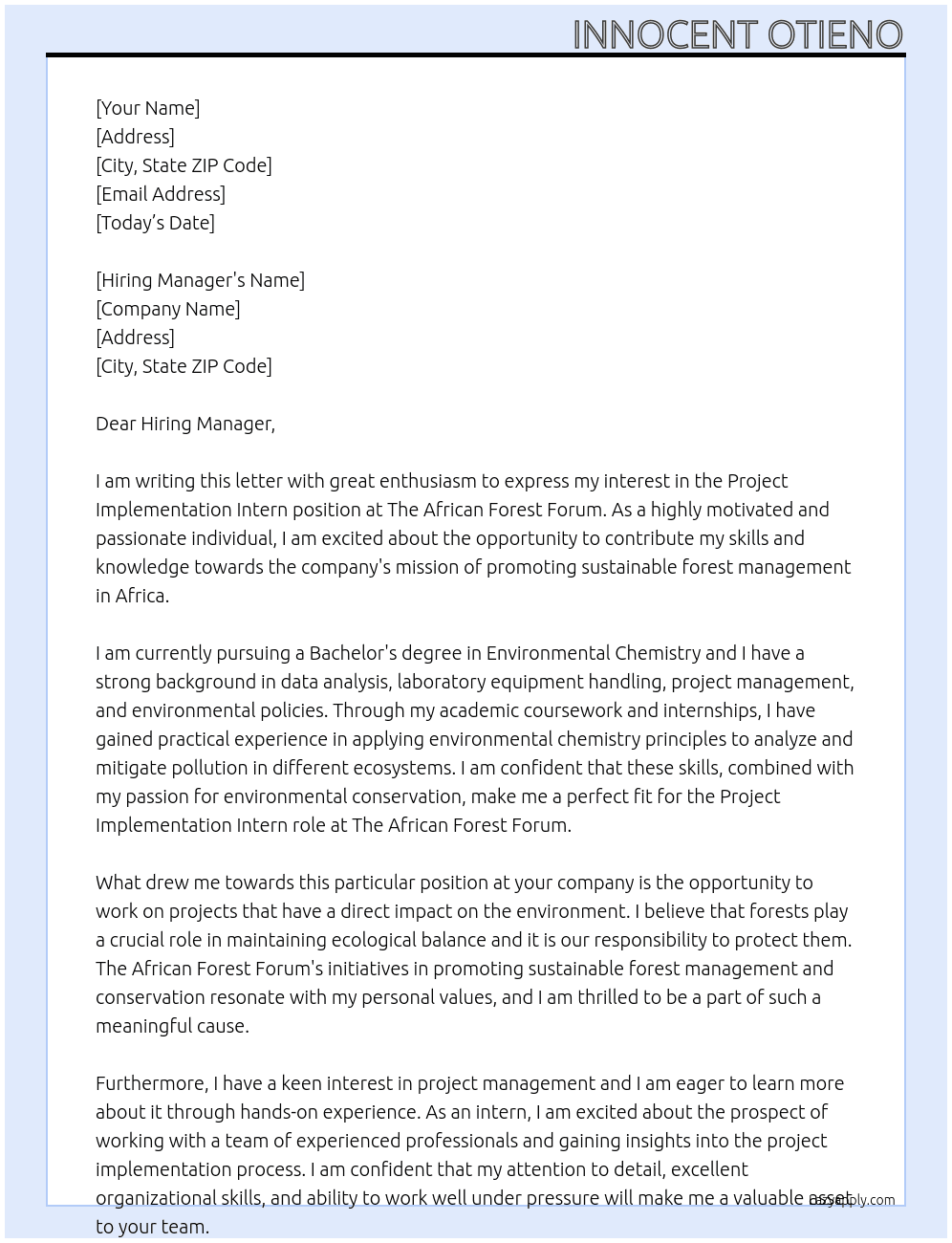 Project Implementation Intern At The African Forest Forum Cover Letter