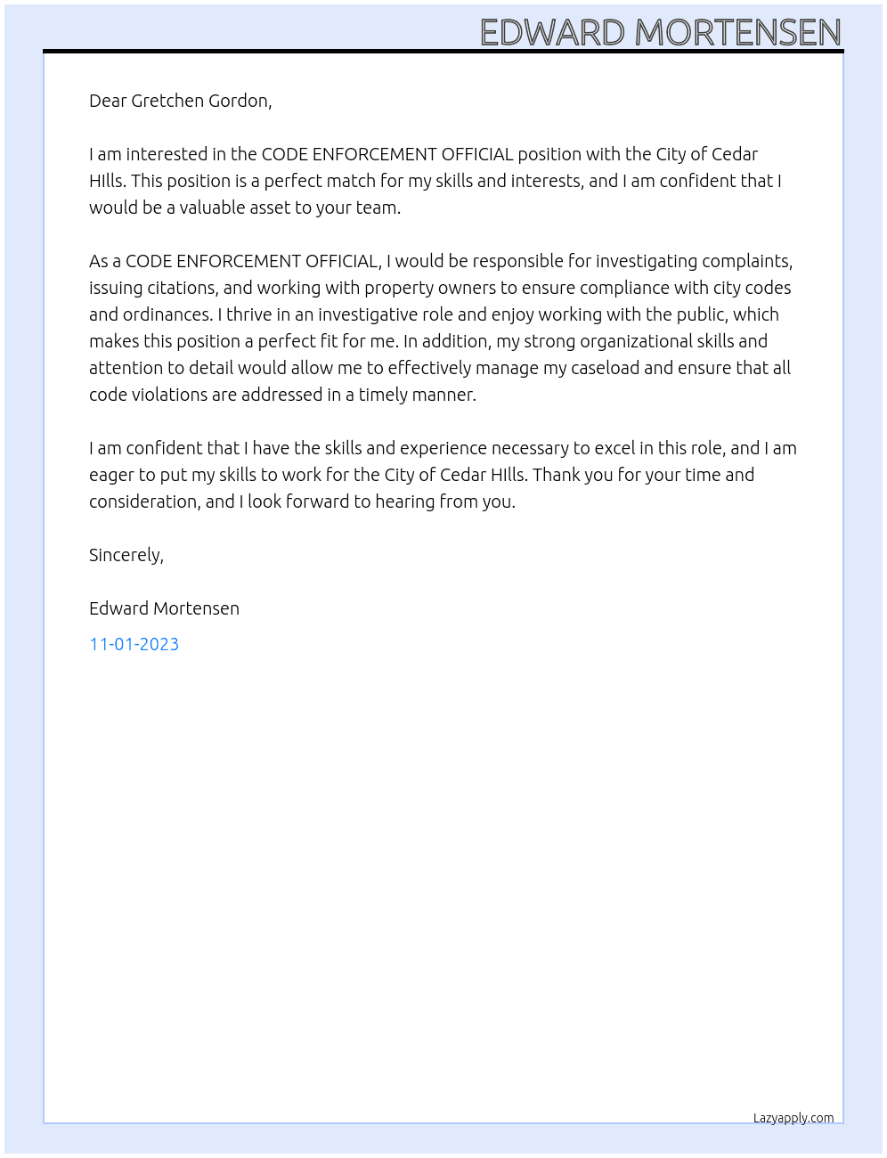 CODE ENFORCEMENT OFFICIAL At City of Cedar HIlls Cover Letter