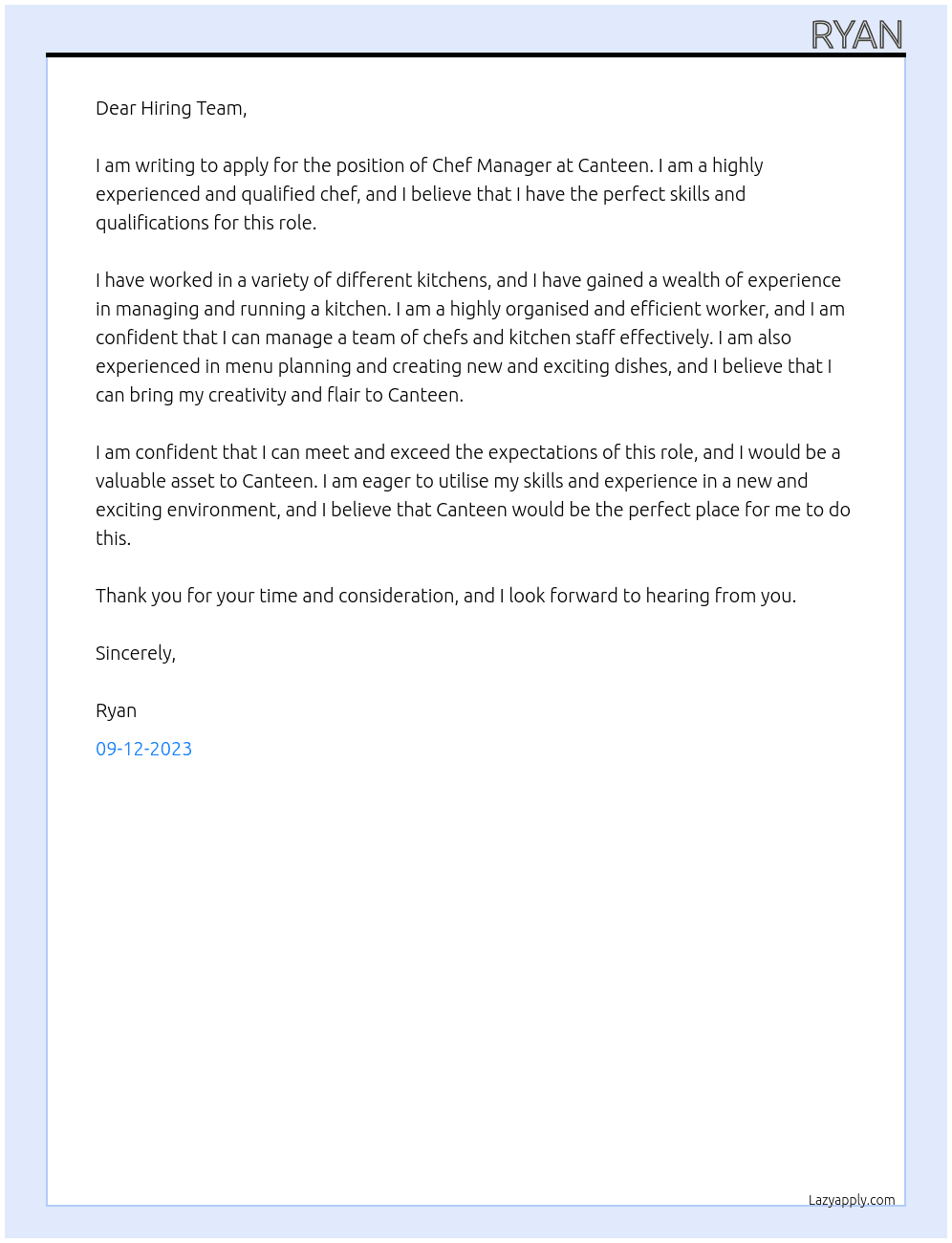 Chef Manager At Canteen Cover Letter