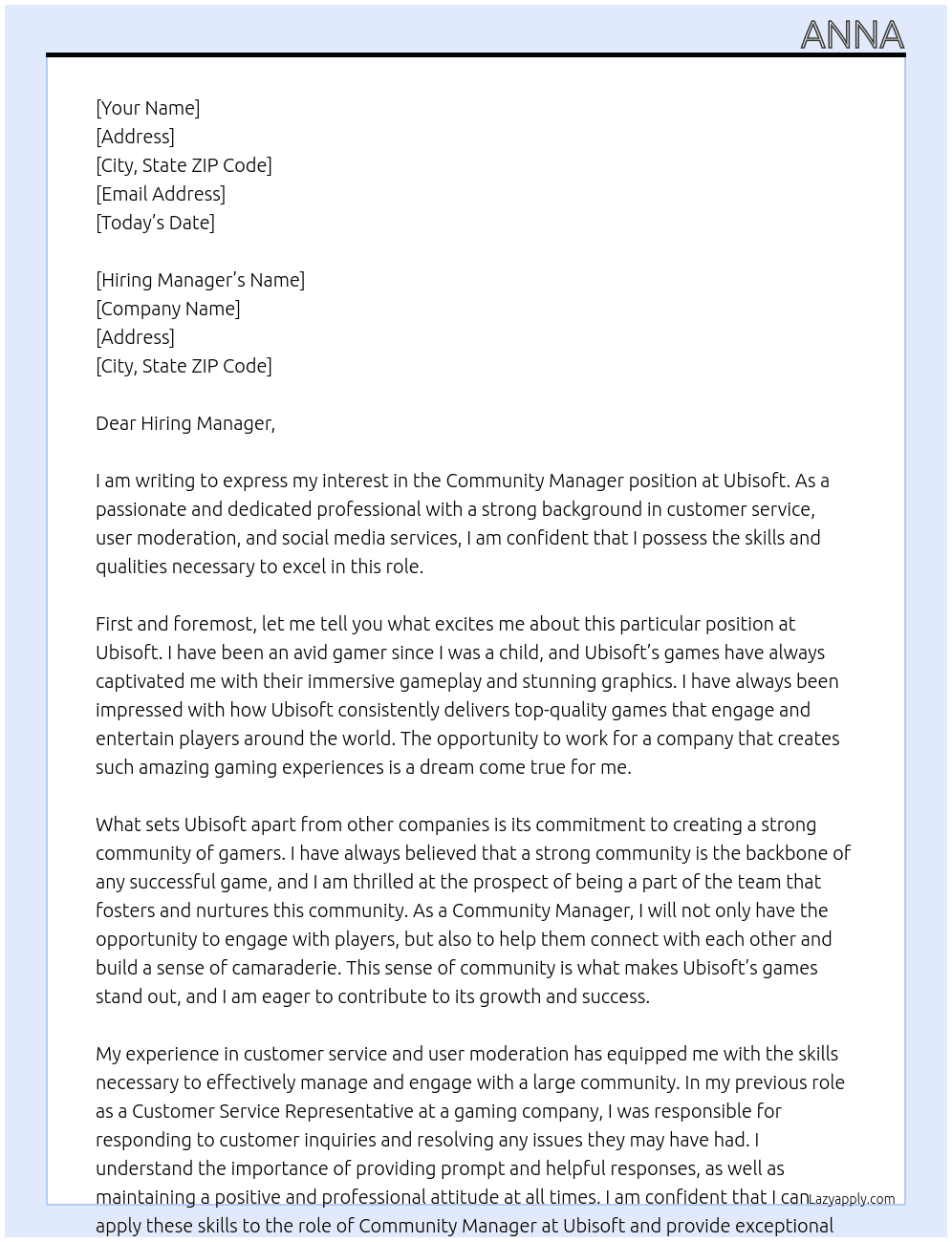 Community Manager At Ubisoft Cover Letter