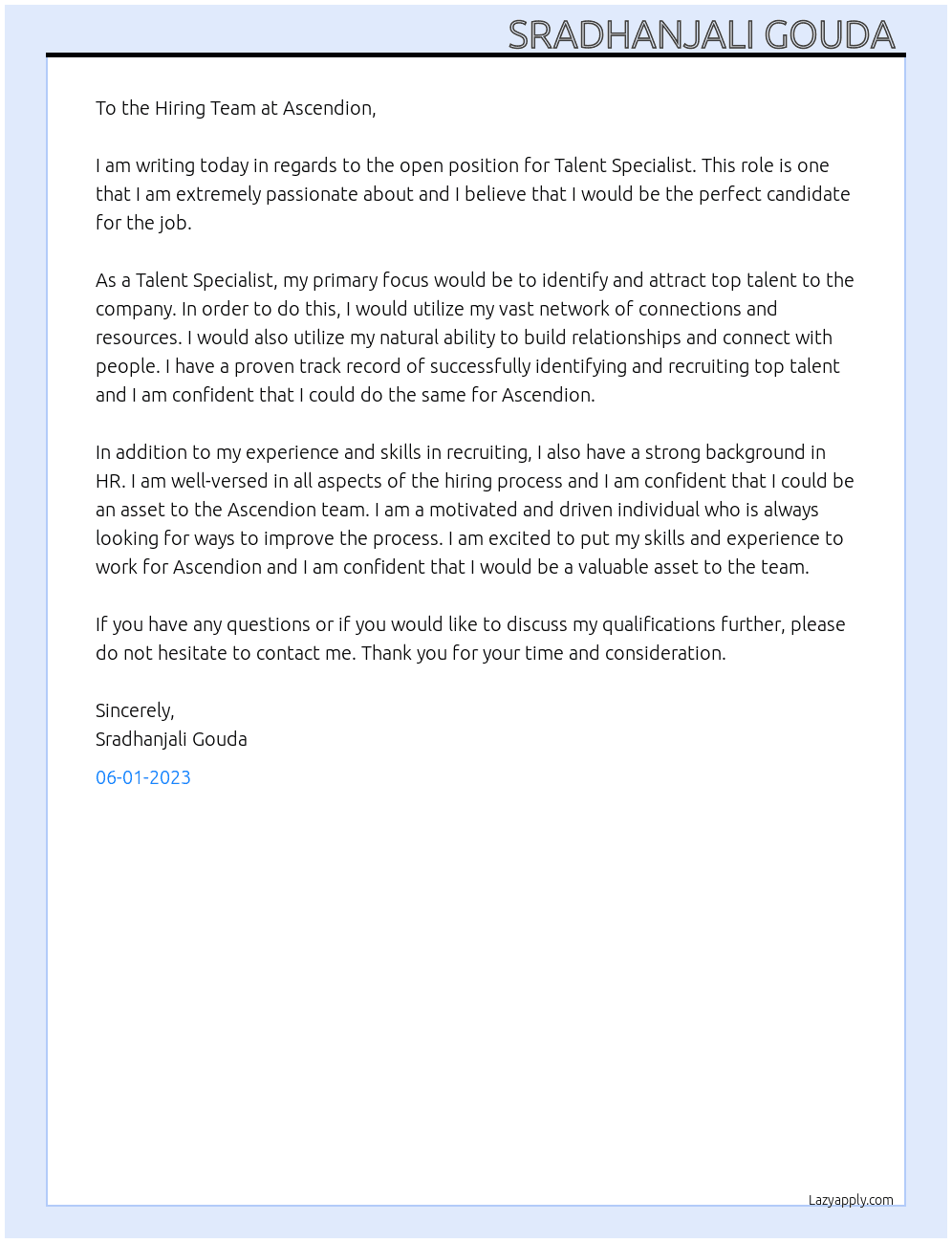 Talent Specialist  At Ascendion Cover Letter