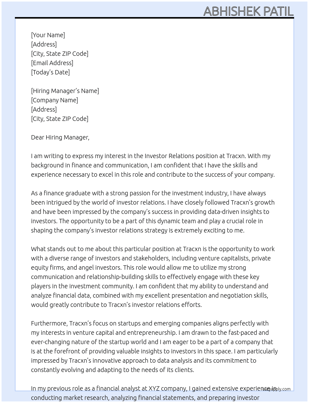 Investor relations At tracxn Cover Letter