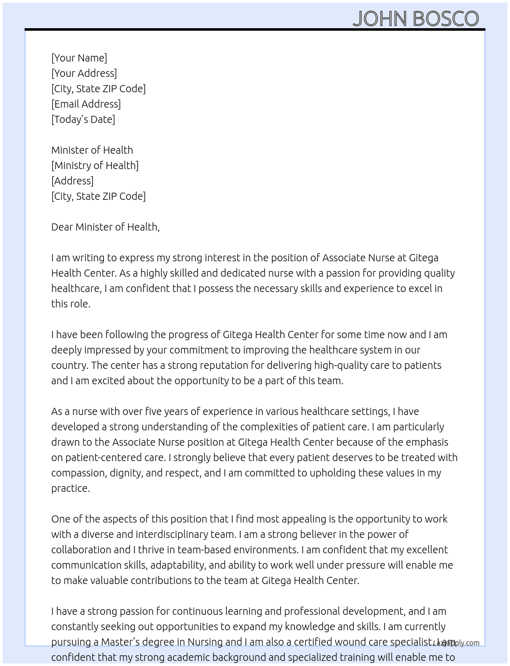 Associate nurse  At Gitega Health Center  Cover Letter