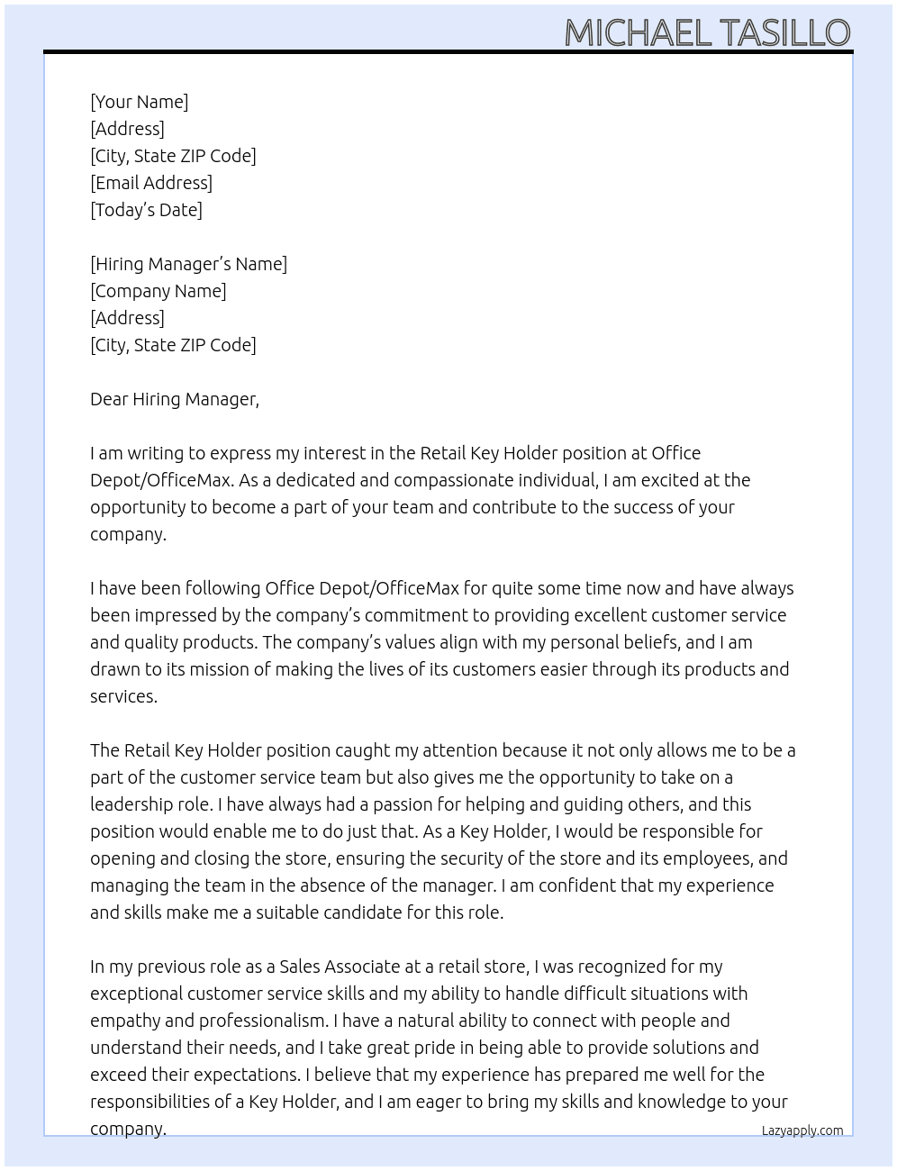 Retail Key Holder At Office Depot / OfficeMax Cover Letter