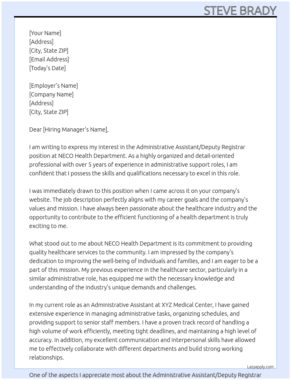 Administrative Assistant/Deputy Registrar At NECO health department  Cover Letter