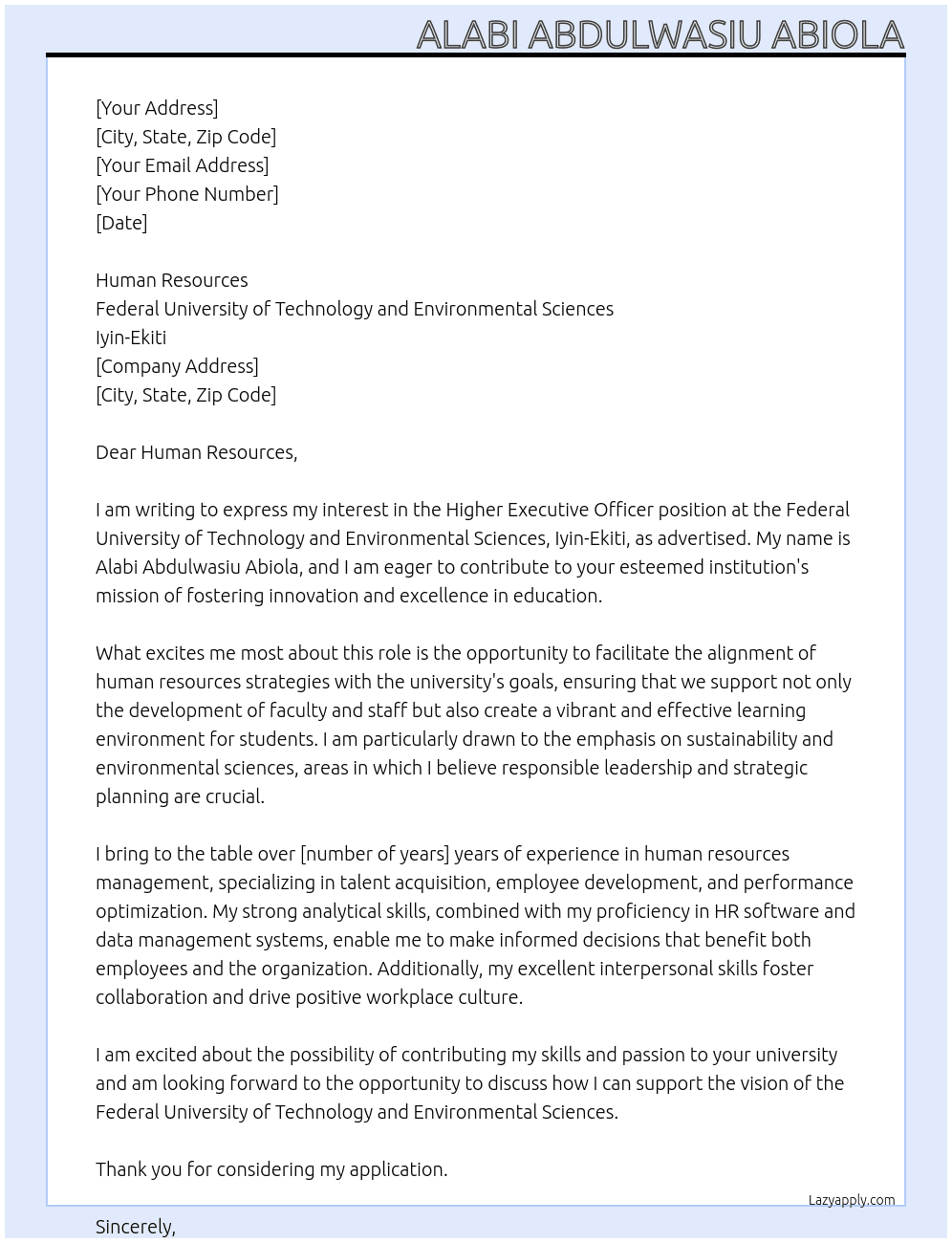 Higher Executive Officer At Federal University of Technology and Environmental Sciences, Iyin-Ekiti  Cover Letter