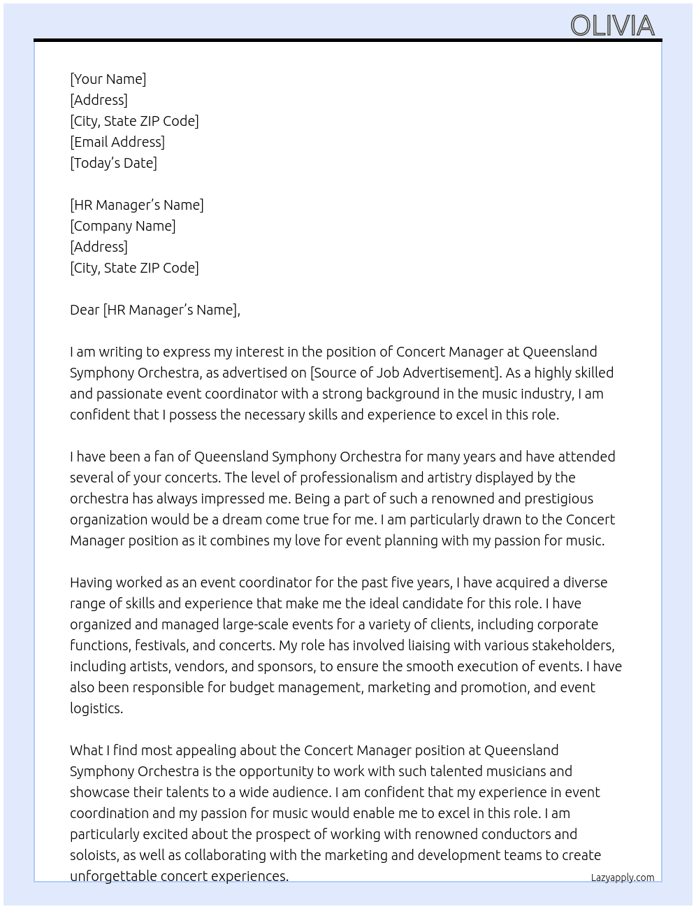 Concert Manager At Queensland Symphony Orchestra Cover Letter