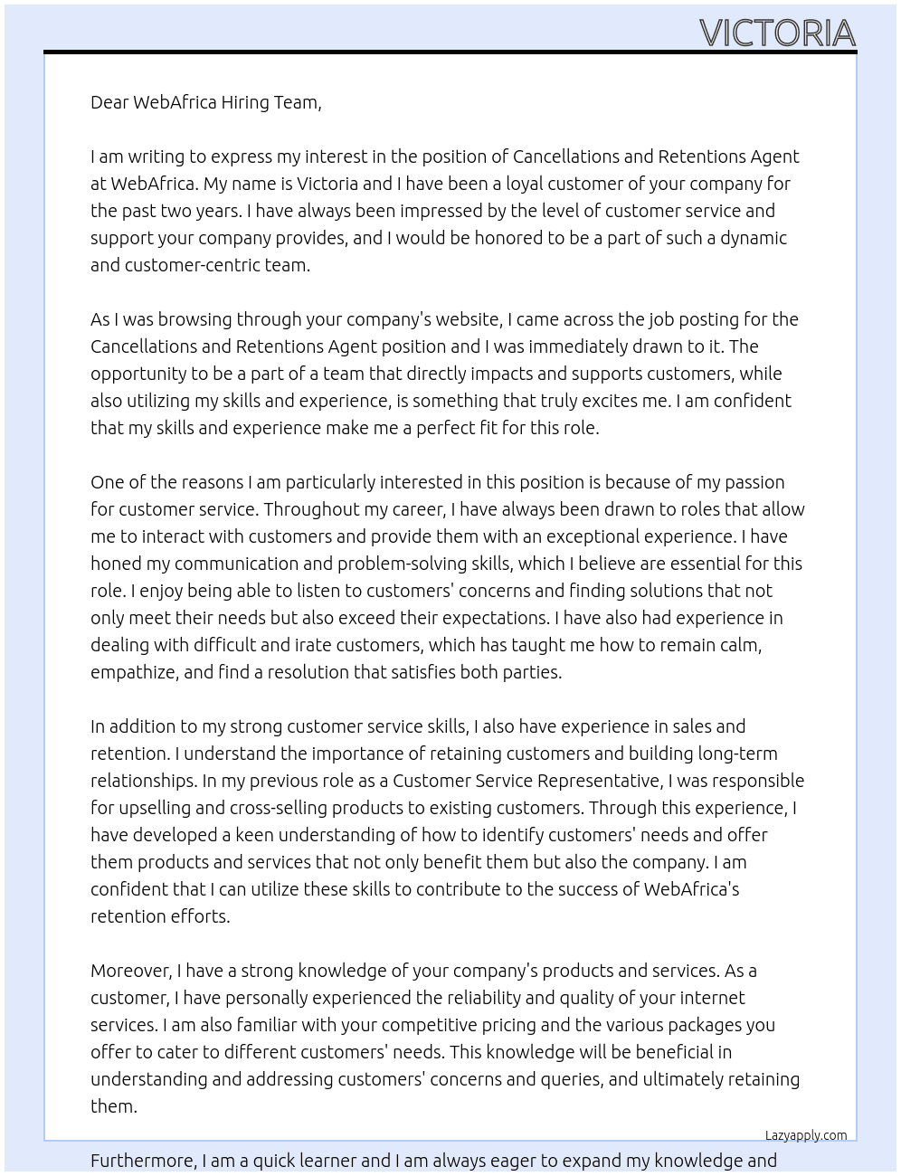 cancellations and retentions agent At webafrica Cover Letter