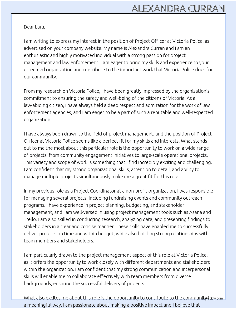 Project officer At VIctoria Police Cover Letter