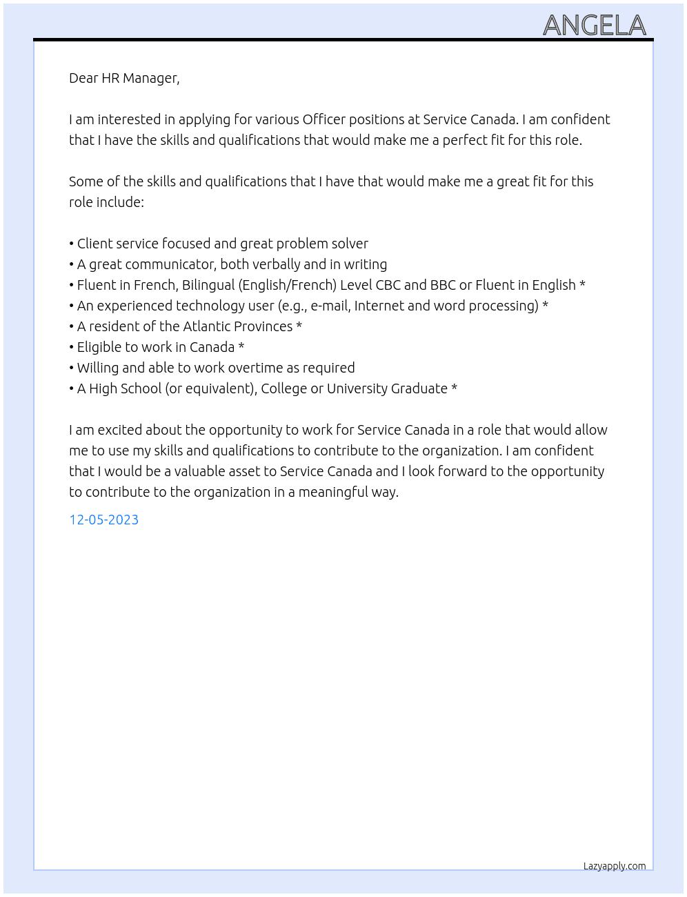 Various Officer Positions  At Service Canada  Cover Letter