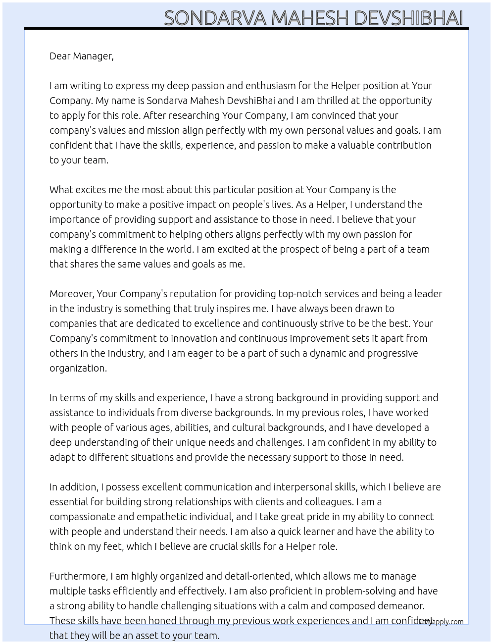 Helper At Your company Cover Letter