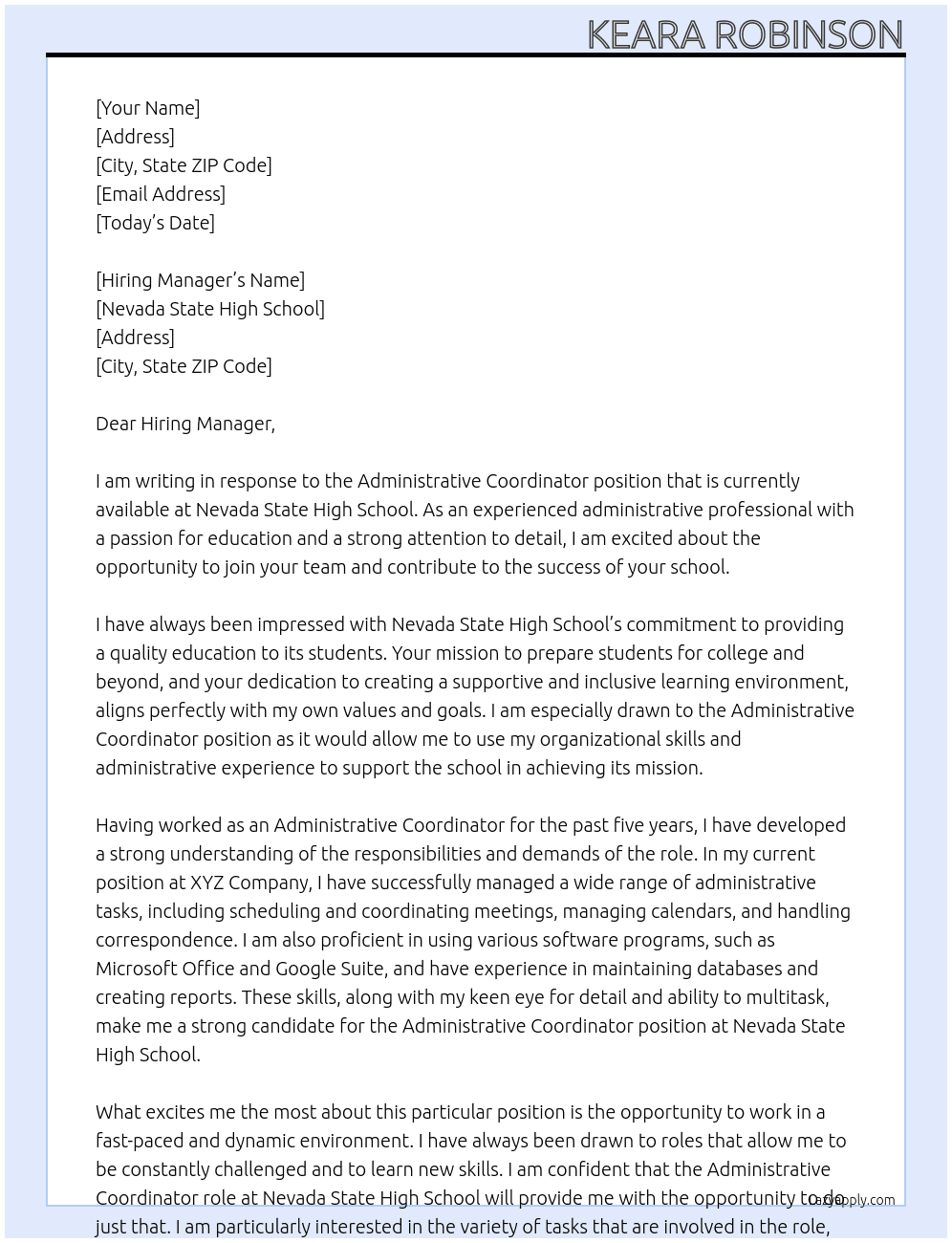 Administrative Coordinator At Nevada State High School Cover Letter