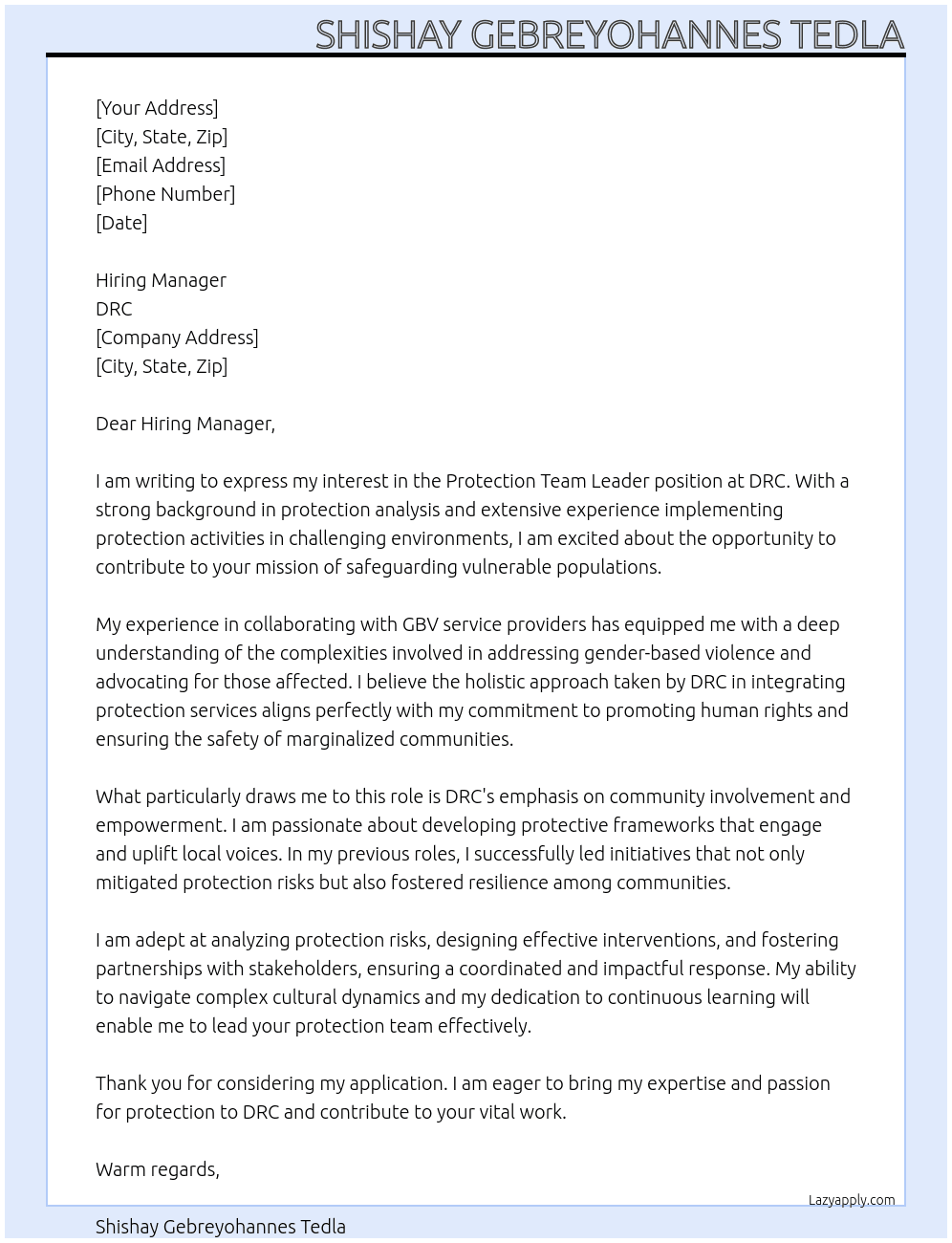 Protection Team leader  At DRC Cover Letter
