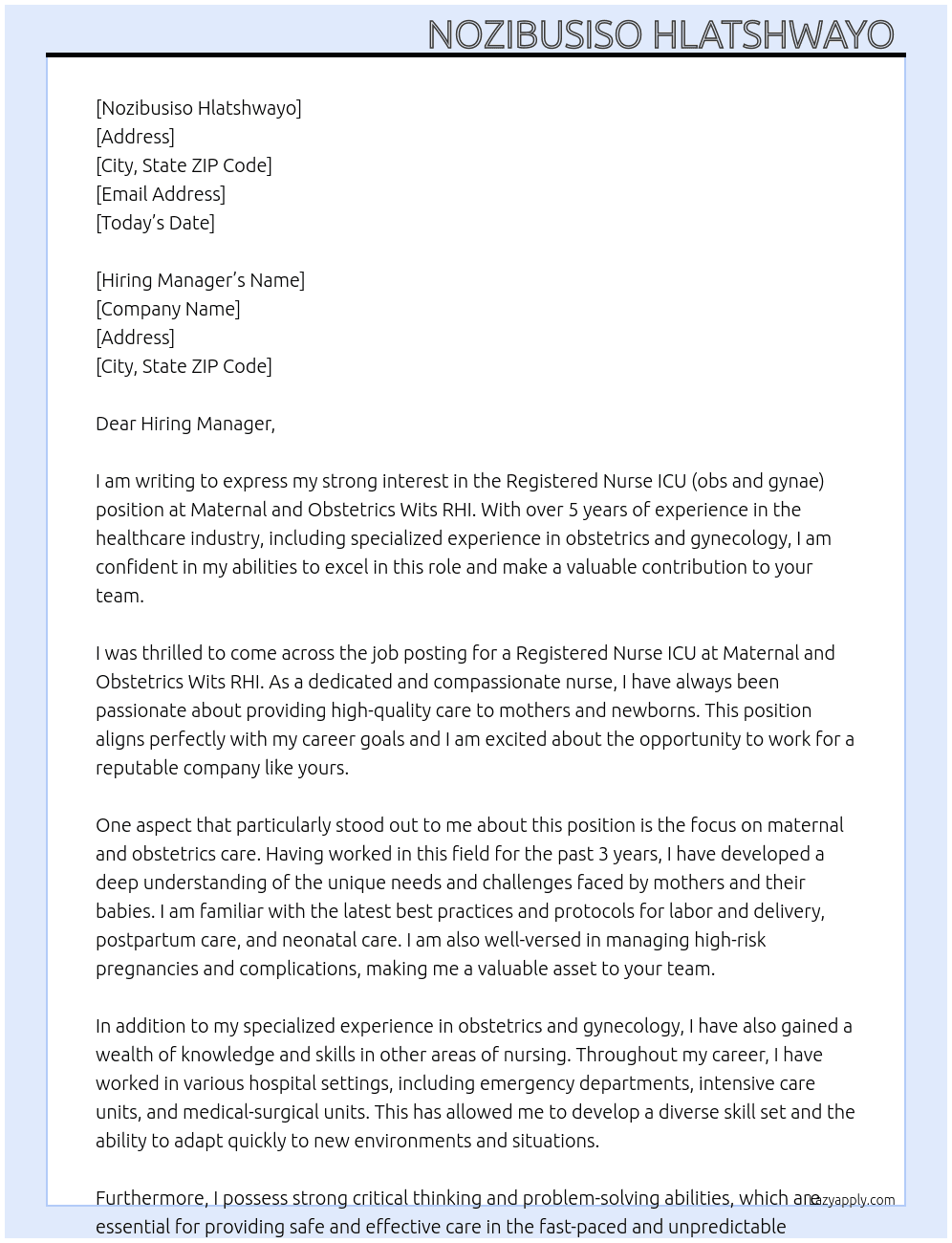 Registered Nurse ICU ( obs and gynae) At Maternal and obstetrics wits RHI Cover Letter
