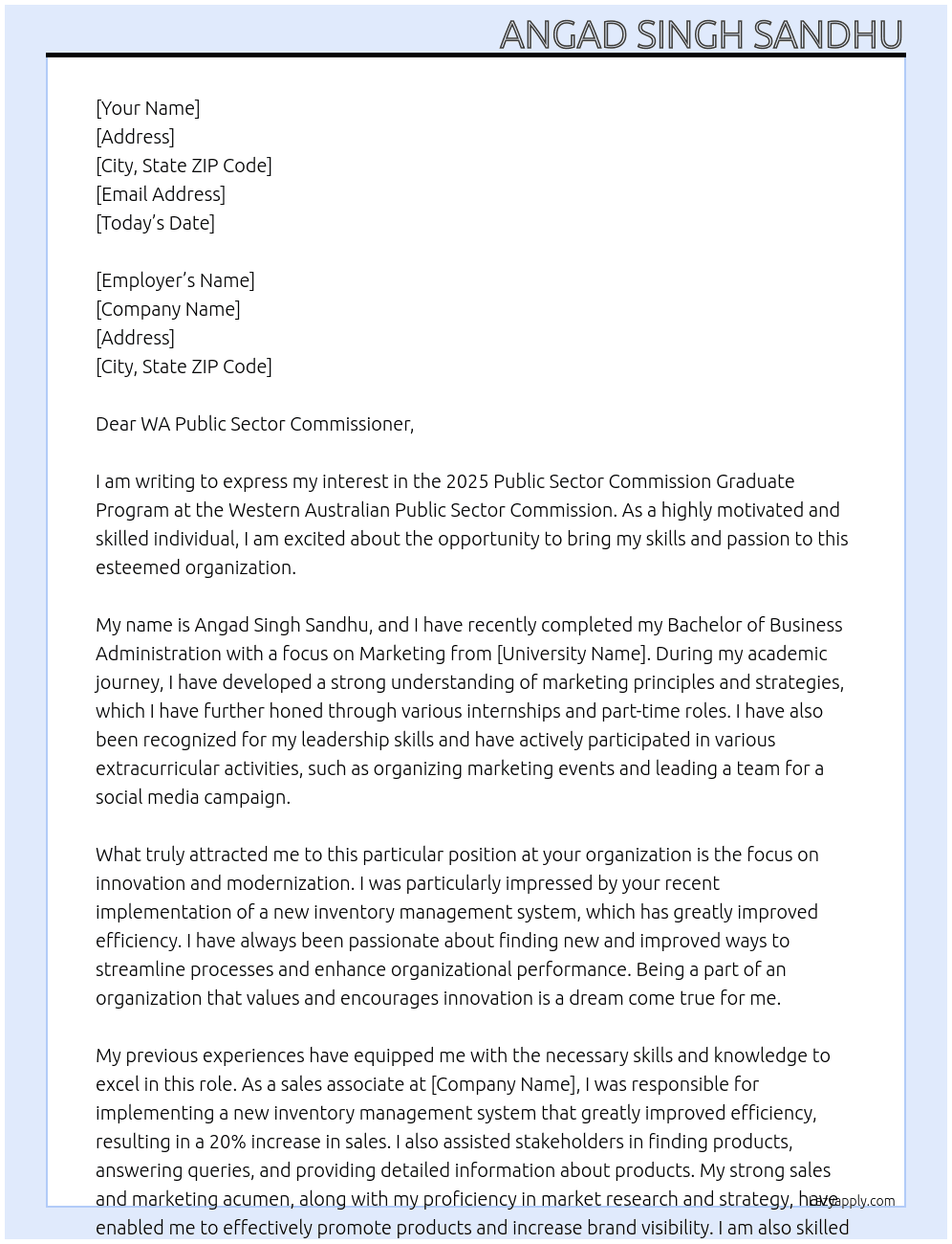 2025 Public Sector Commission Graduate Program  At Western Australian Public Sector Commison Cover Letter
